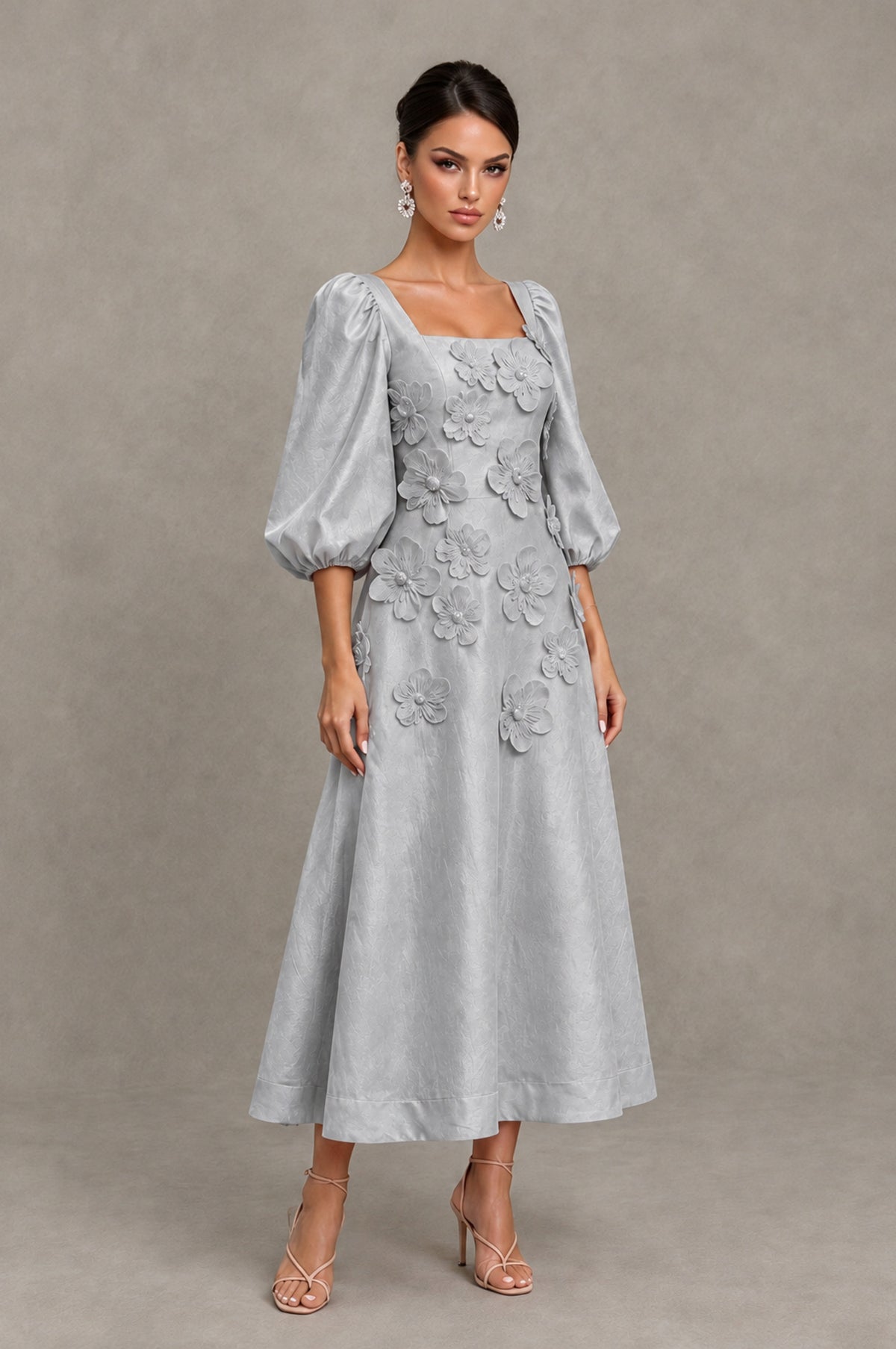 BOLODOO Silver 3D Floral Puff Sleeve Midi Cocktail Dress - Silver - Silver_3