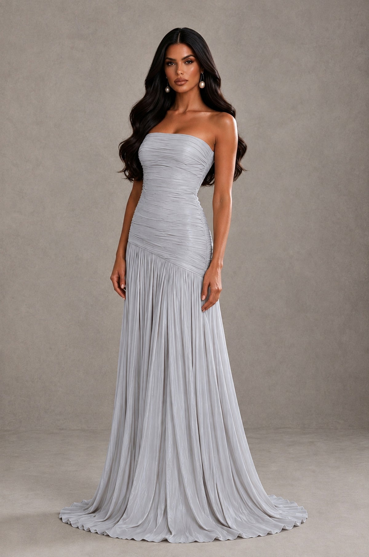 BOLODOO Silver Metallic Ruched Strapless Pleated A-Line Backless Maxi Dress with Train - Silver - Silver_3