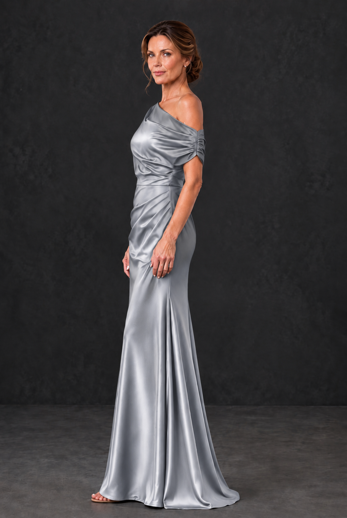 BOLODOO Silver Asymmetric Ruched Mother of the Bride Dress - Silver - Silver_3