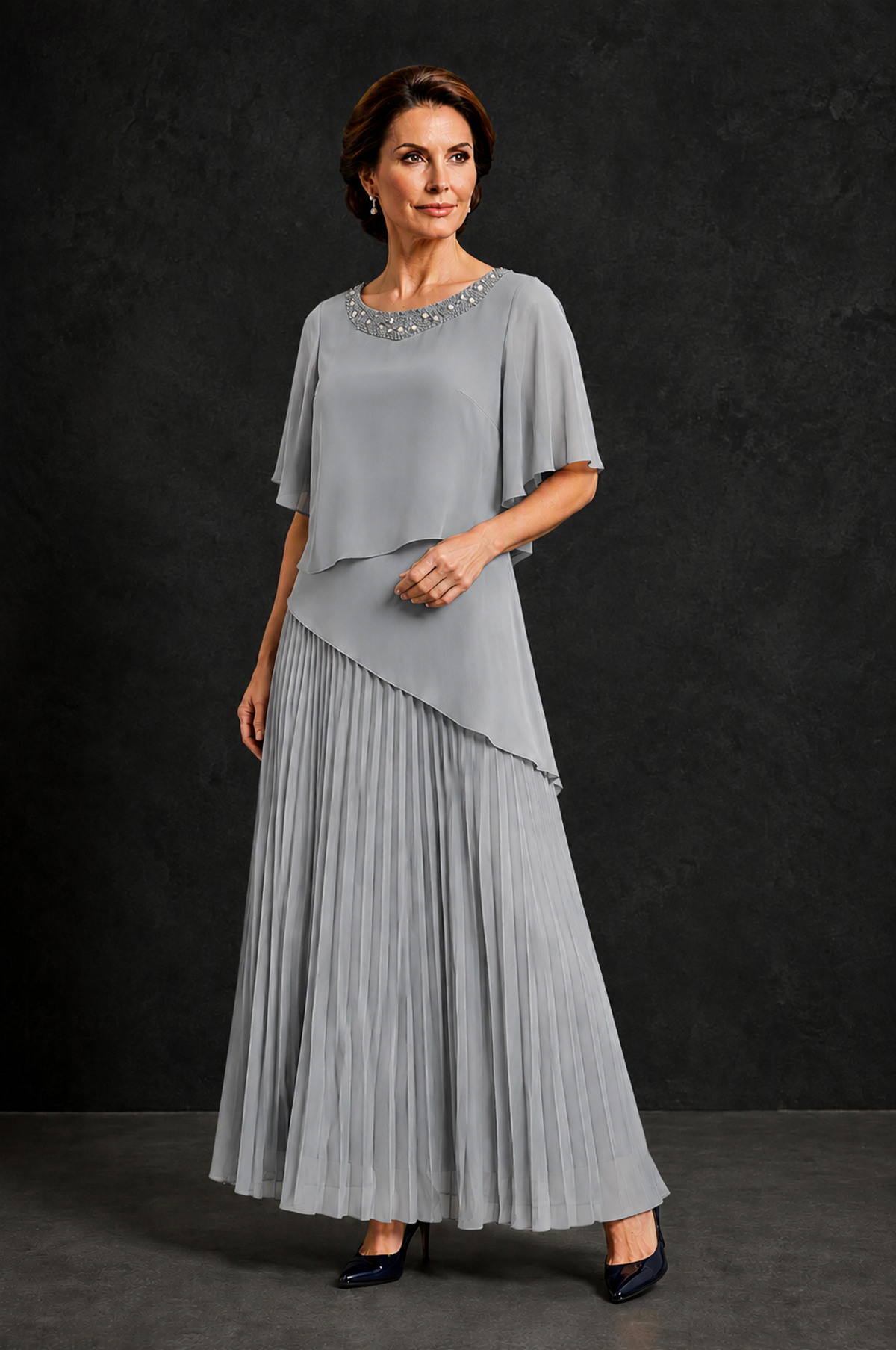 BOLODOO Silver Pearl Beaded Neck Asymmetric Tiered Flutter Sleeve Pleated Chiffon Maxi Dress - Silver - Silver_3