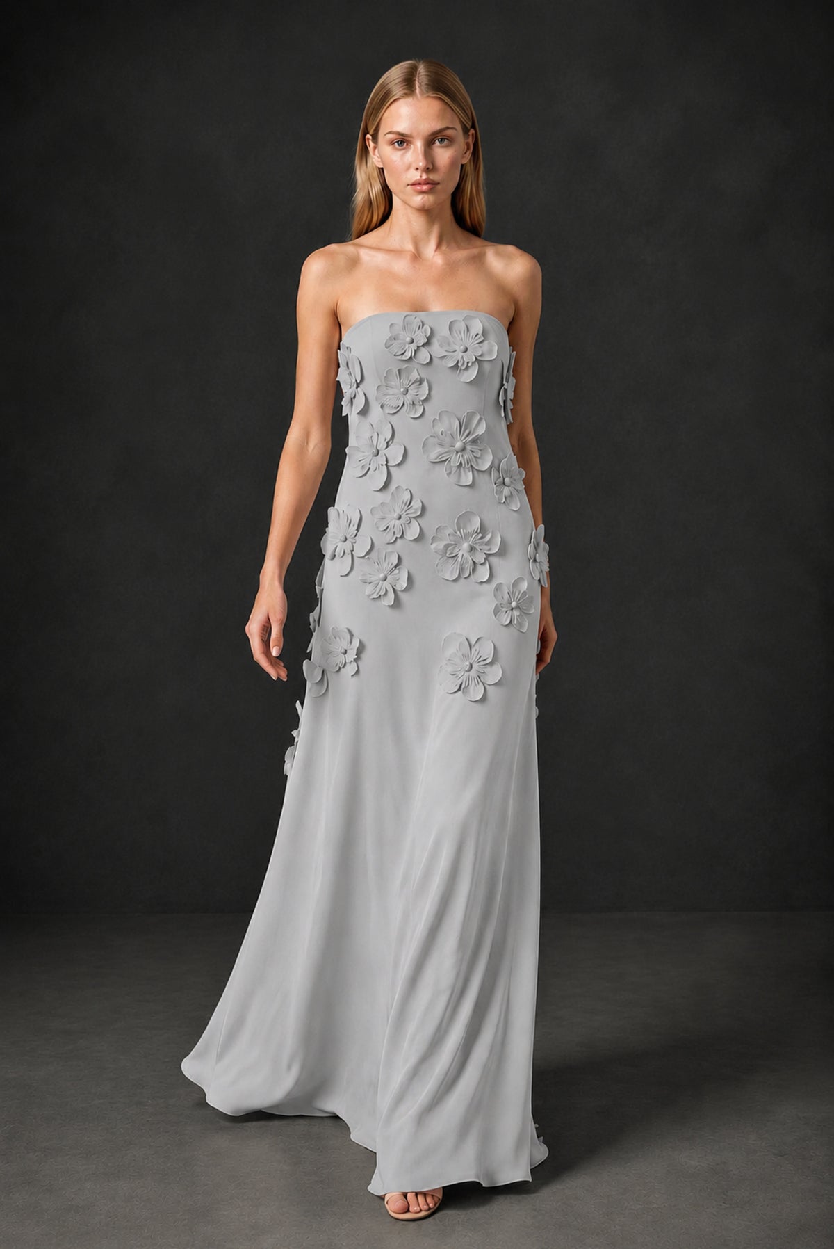 BOLODOO Silver Strapless 3D Floral Appliqué Crepe Maxi Gown - Silver