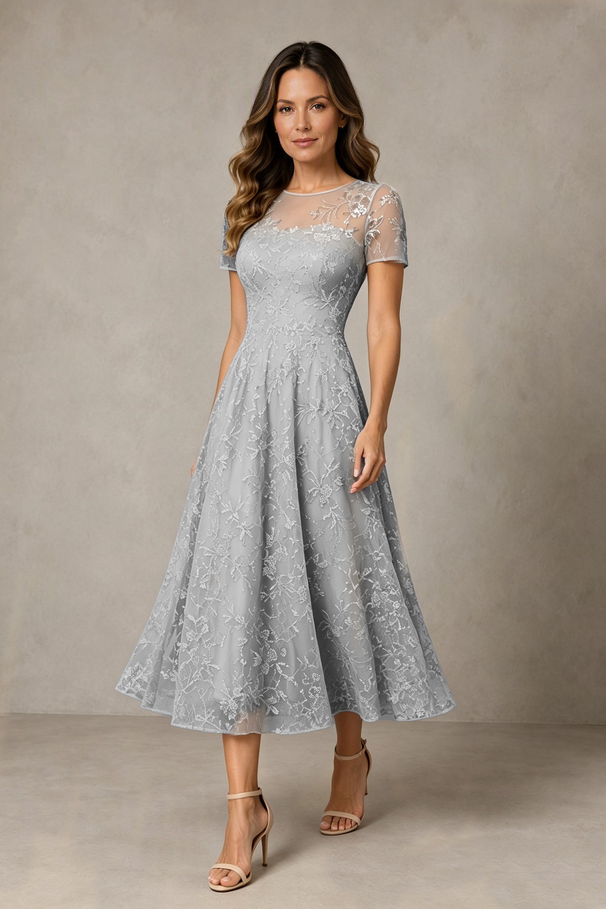 BOLODOO Silver Textured Floral A-Line Dress with Short Sleeves - Silver
