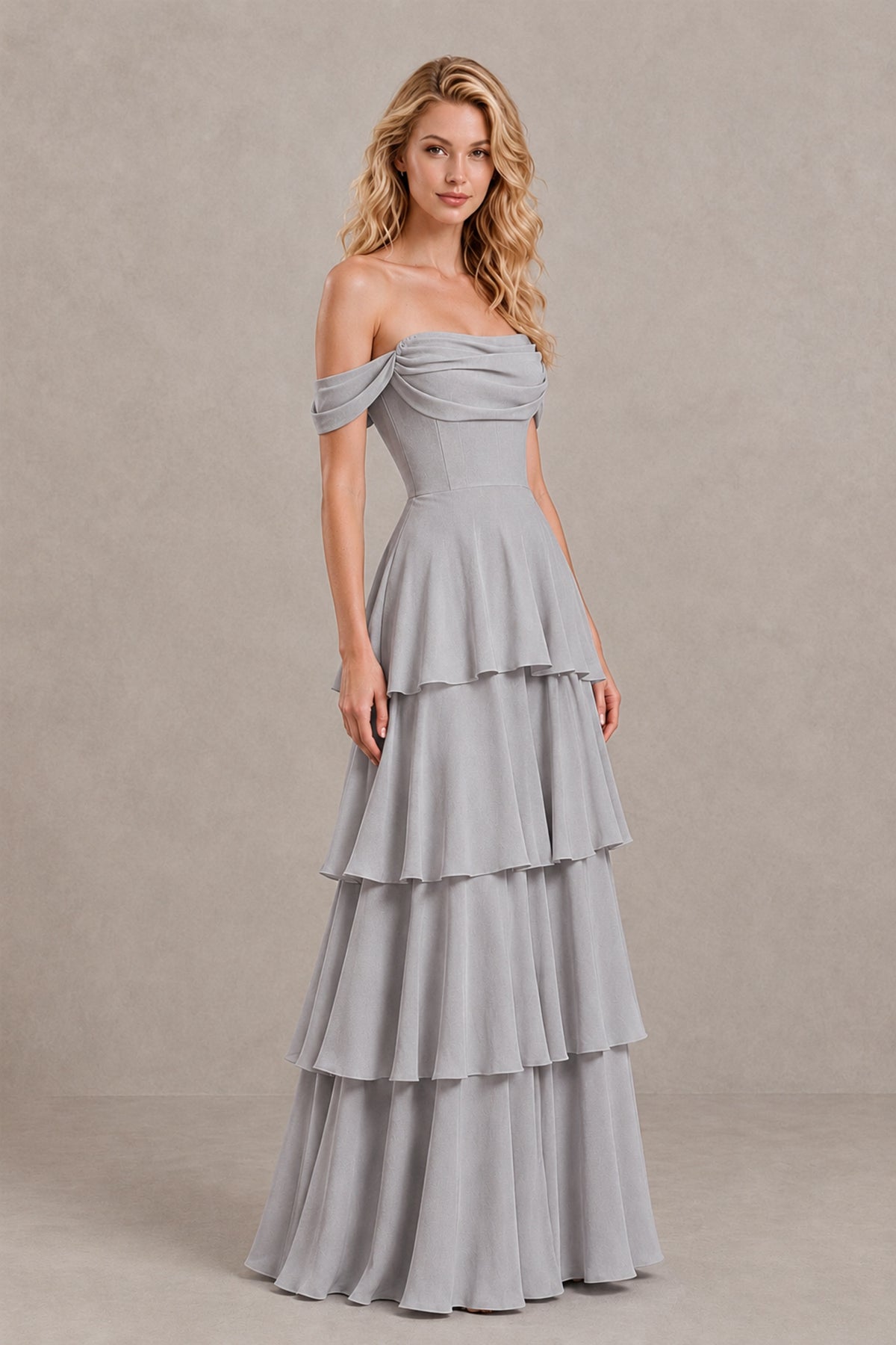 BOLODOO Silver Off-the-Shoulder Tiered A-Line Evening Bridesmaid Dress - Silver - Silver_3