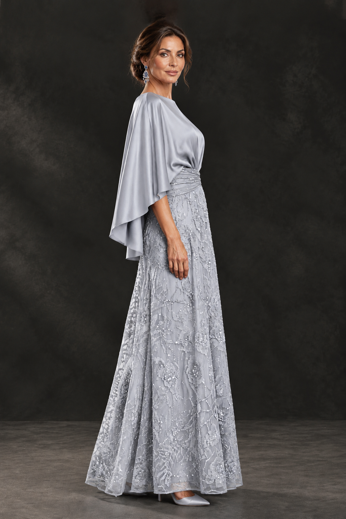 BOLODOO Silver Cape Sleeve Floral Mother of the Bride Dress - Silver - Silver_3