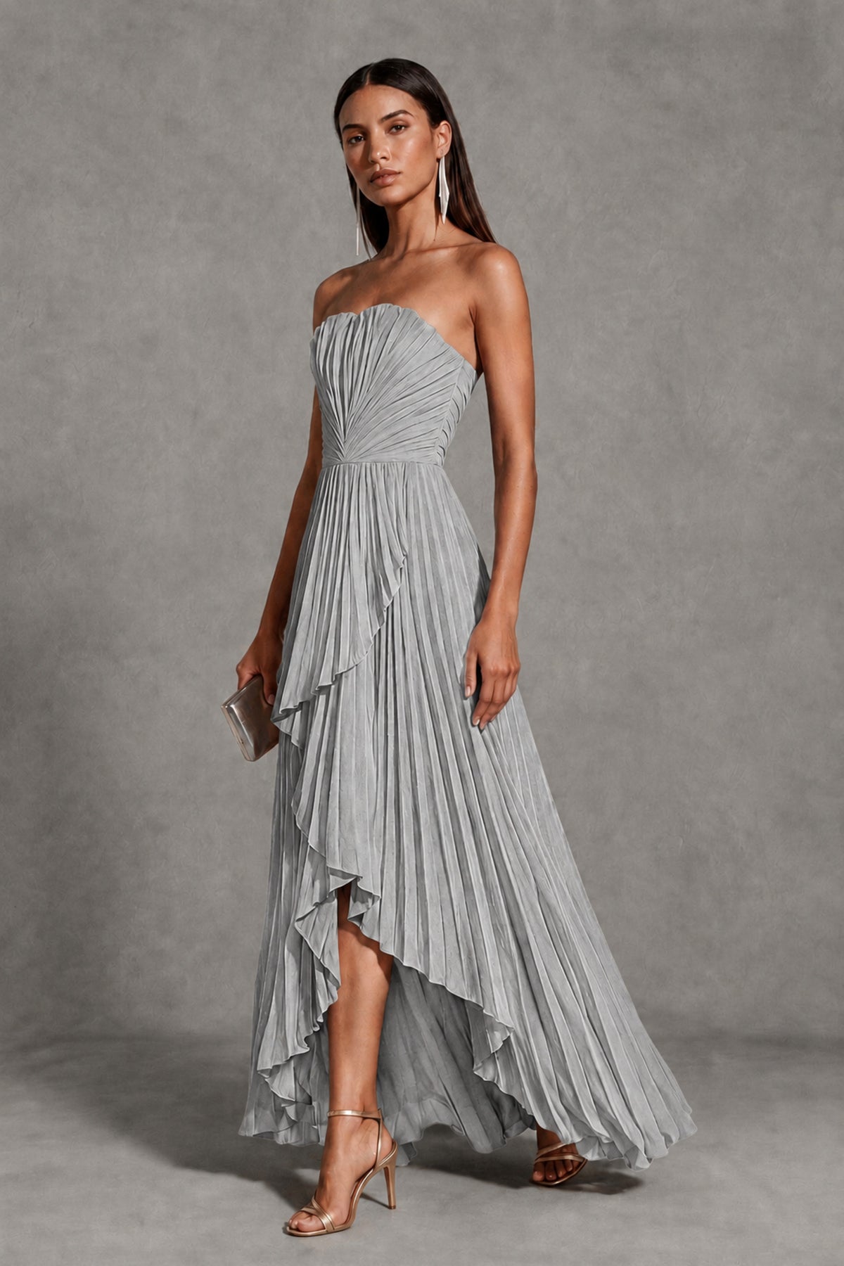 Silver Strapless Pleated High-Low Evening Gown with Ruffle Hem - Silver - Silver_3