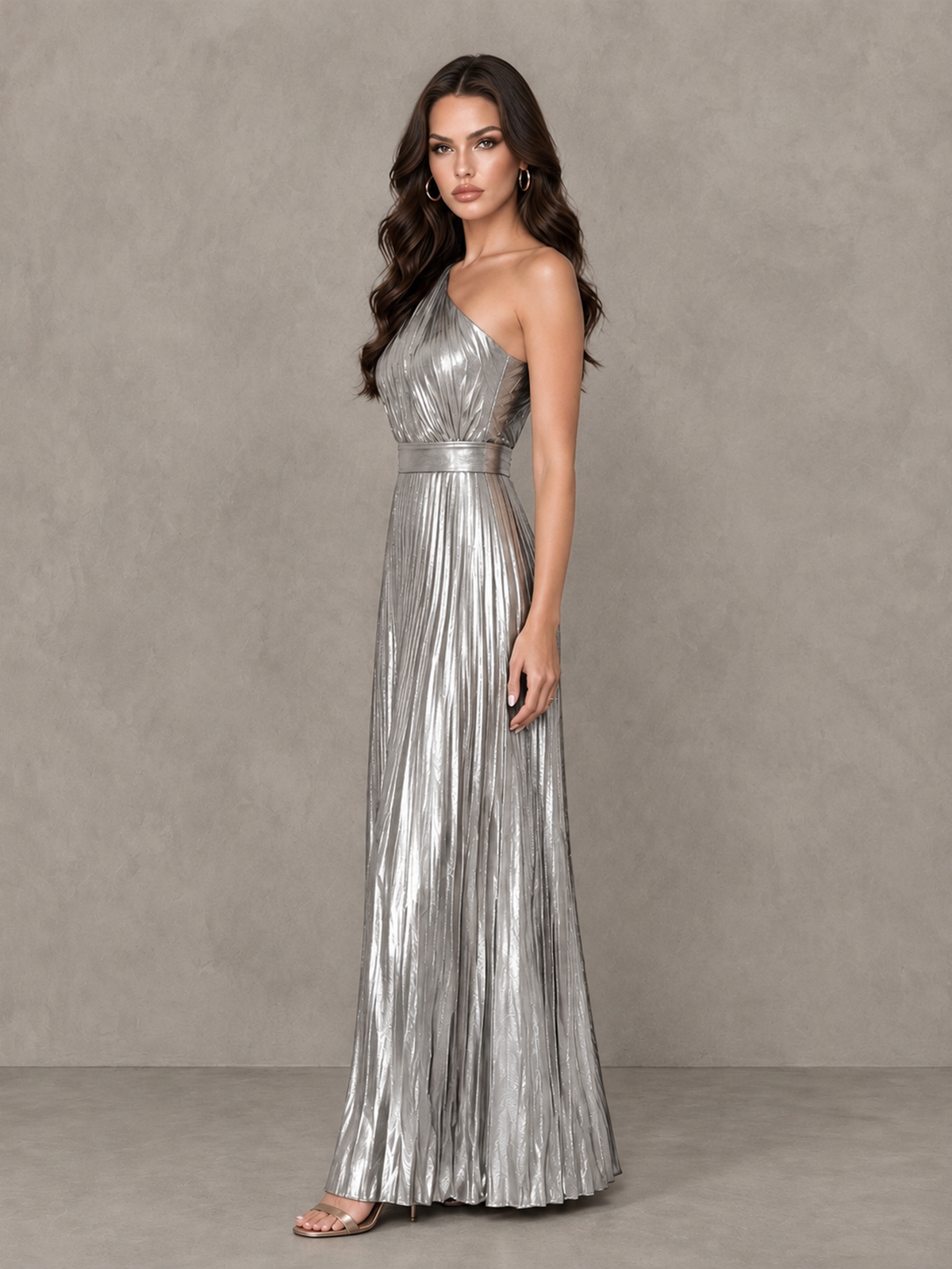 BOLODOO Silver One-Shoulder Metallic Pleated Wide-Leg Jumpsuit - Silver - Silver_3