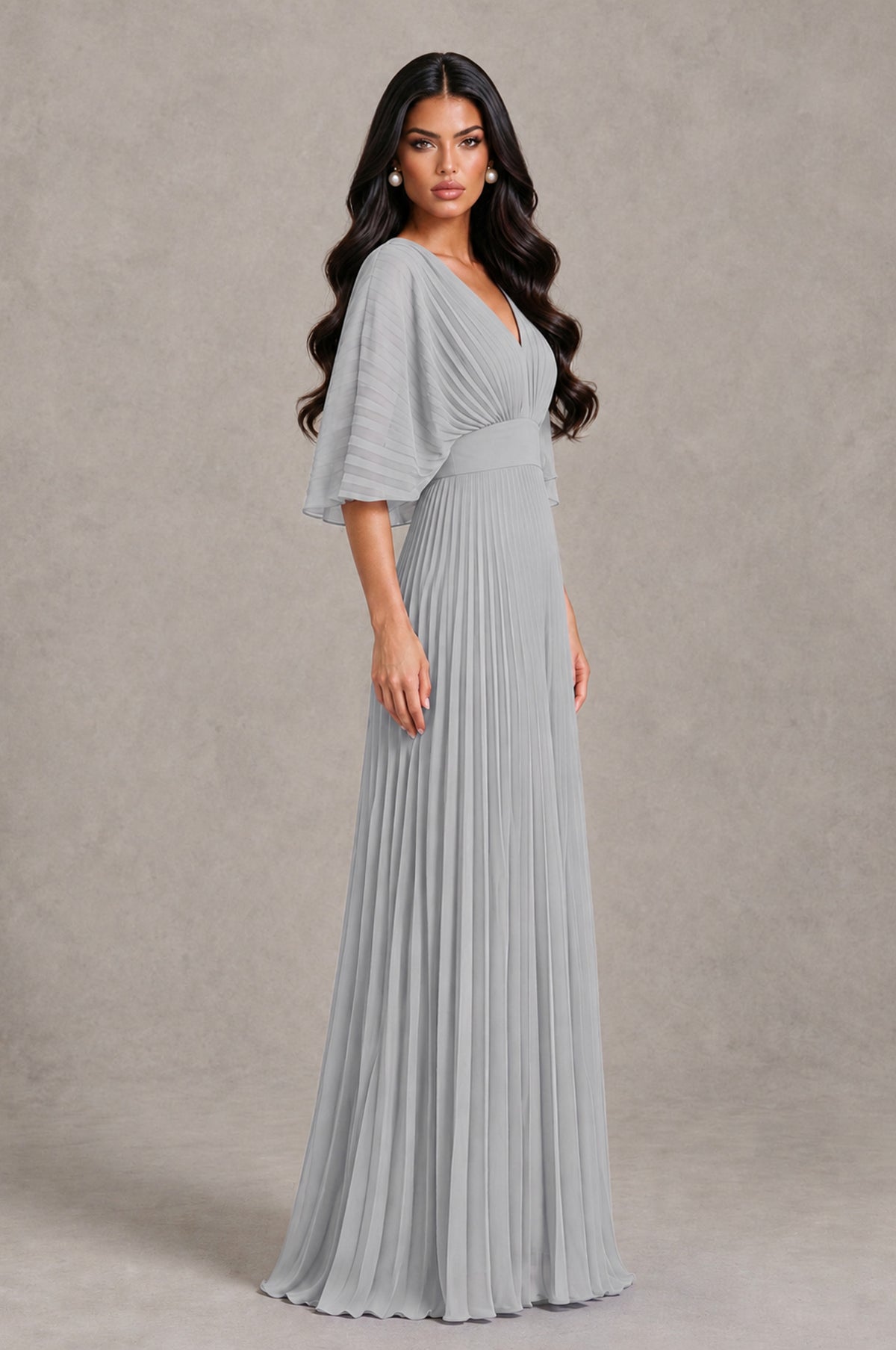 BOLODOO Silver V-Neck Pleated Flutter Sleeve Formal Dress - Silver - Silver_3