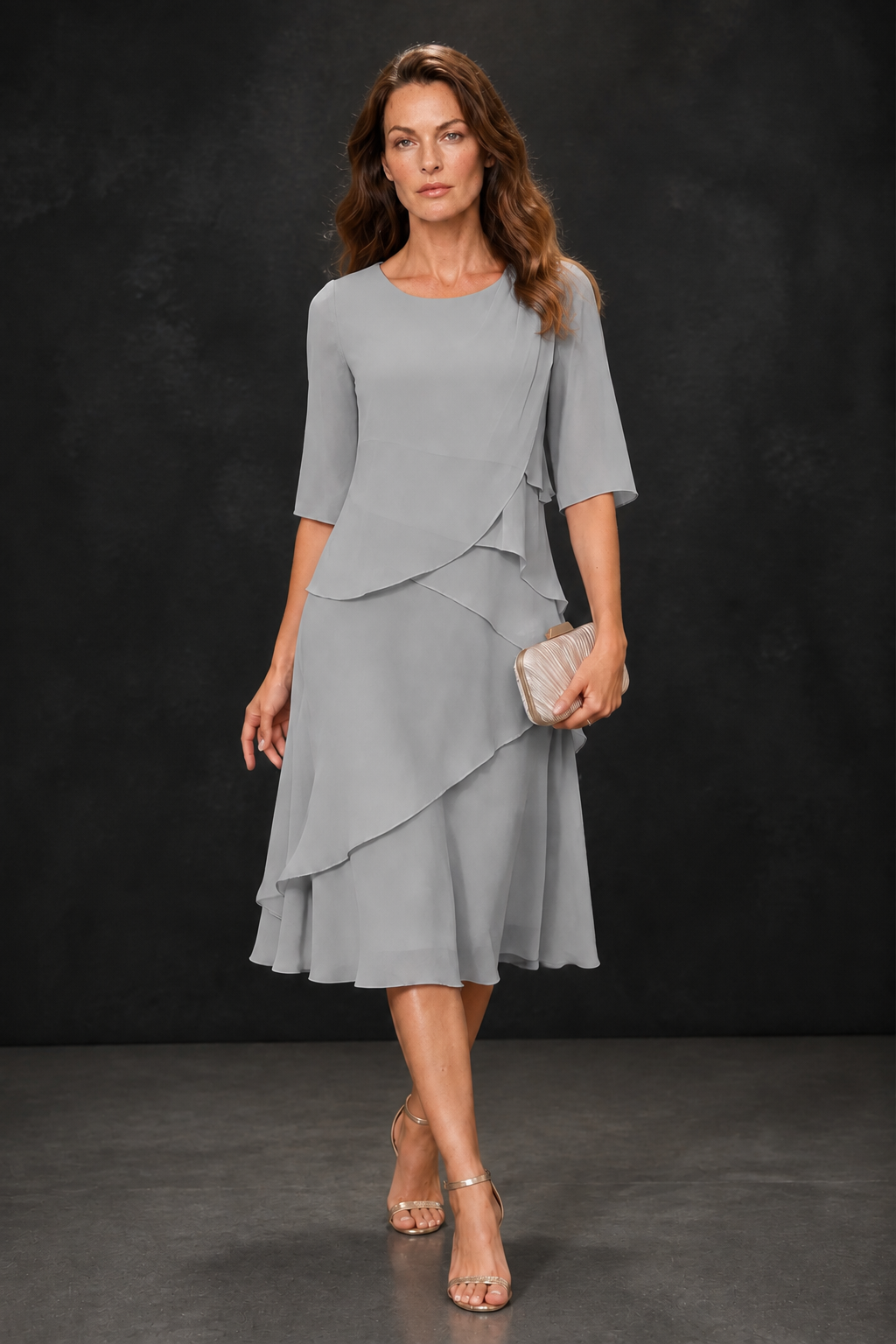 BOLODOO Silver Chiffon 3/4 Sleeve Asymmetric Tiered Tea Length Dress | Mother of the Bride Midi Dress - Silver