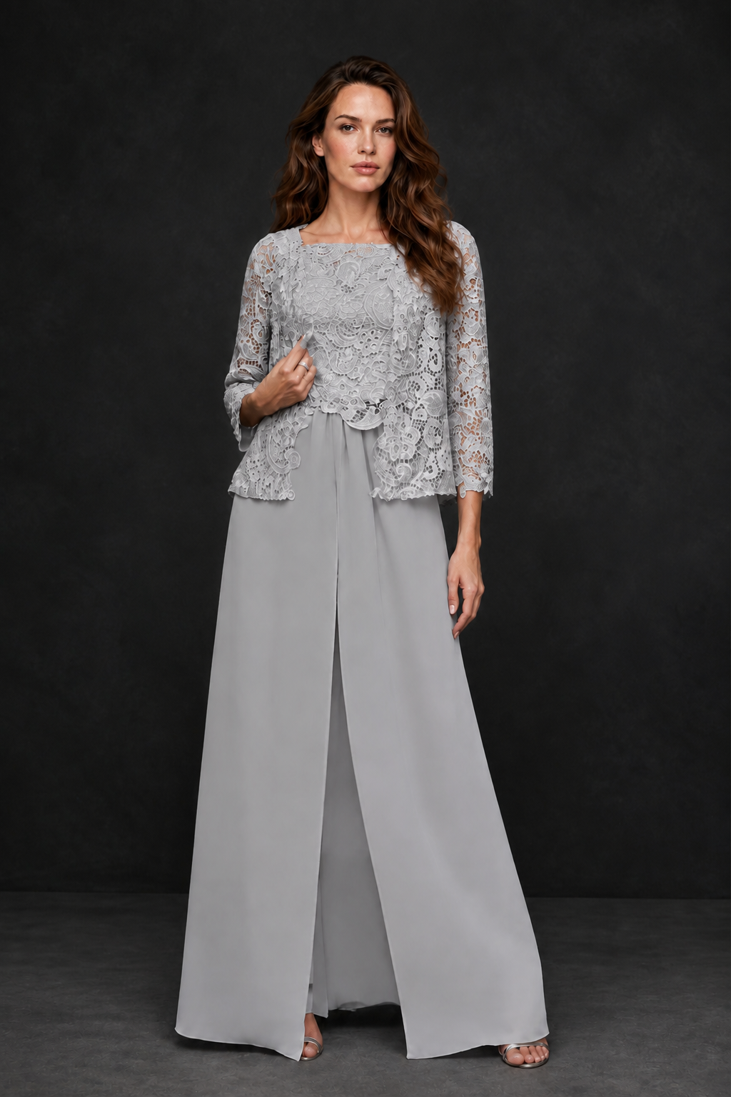 BOLODOO Silver Grey Lace Peplum Top & Wide-Leg Chiffon Pants Set | Mother of the Bride & Formal Evening Outfit - Silver - Silver