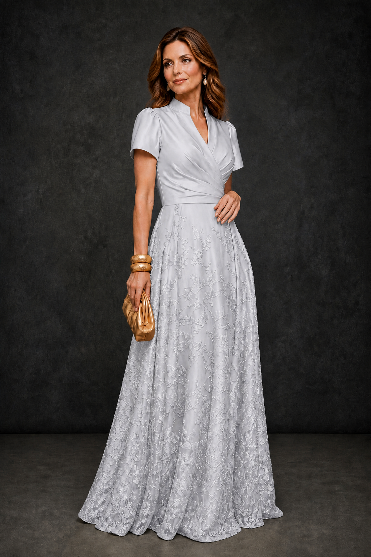 BOLODOO Silver Satin Wrap V-Neck Short Sleeve Lace Glitter A-Line Floor Length Evening Gown – Formal Dress - Silver