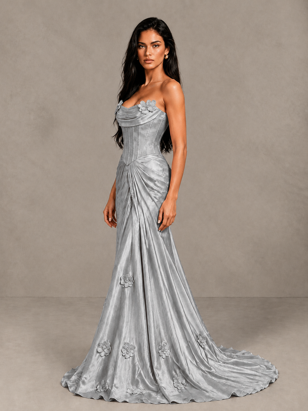 BOLODOO Silver Strapless Floral Corset Evening Gown with Train - Silver - Silver_3