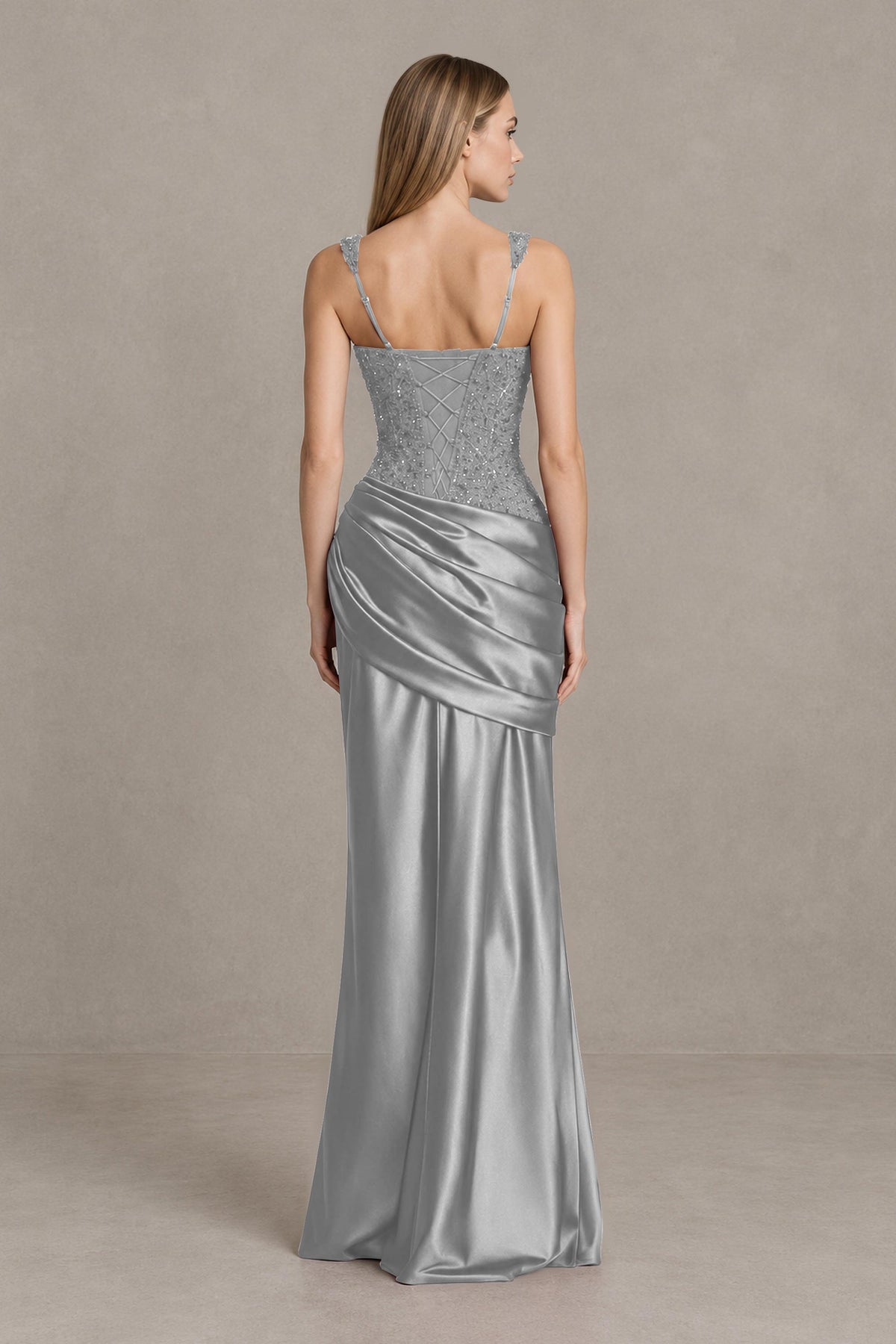 BOLODOO Silver Square Neck Embellished Satin Evening Gown - Silver