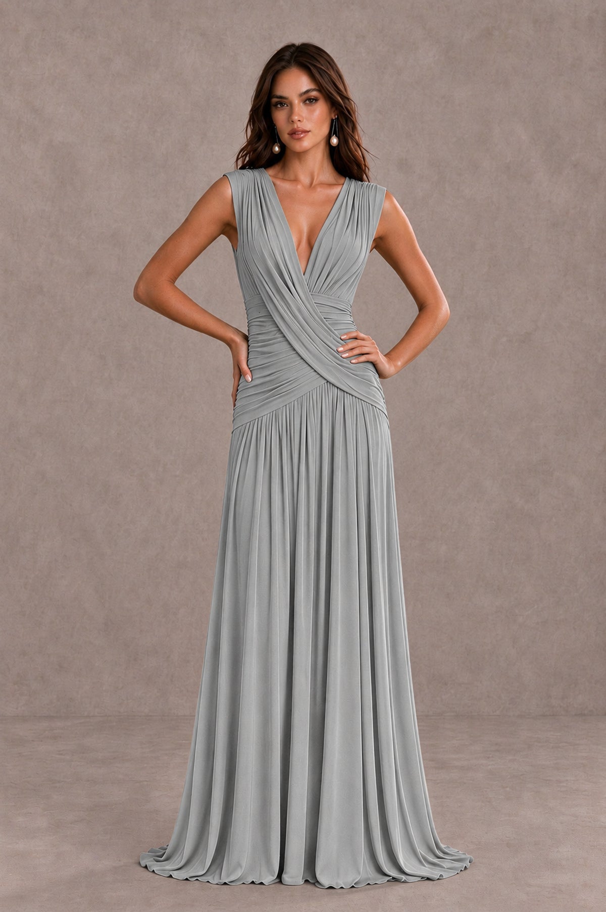 BOLODOO Silver V-Neck Ruched Wedding Guest Dress - Silver - Silver_3