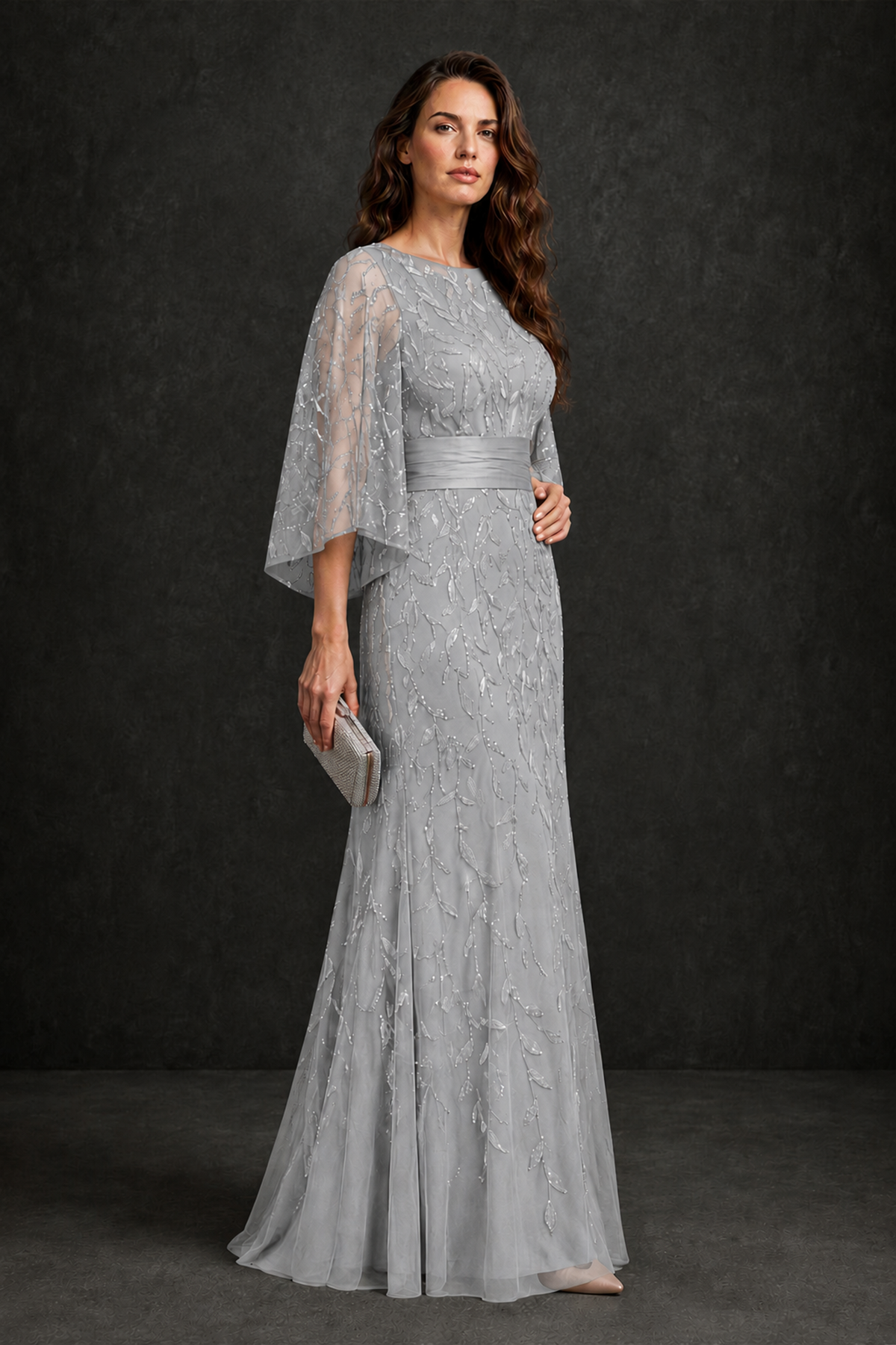 BOLODOO Silver Bateau Neck Bell Sleeve Sequin Embroidered Satin Waist A-Line Maxi Dress - Silver - Silver_3