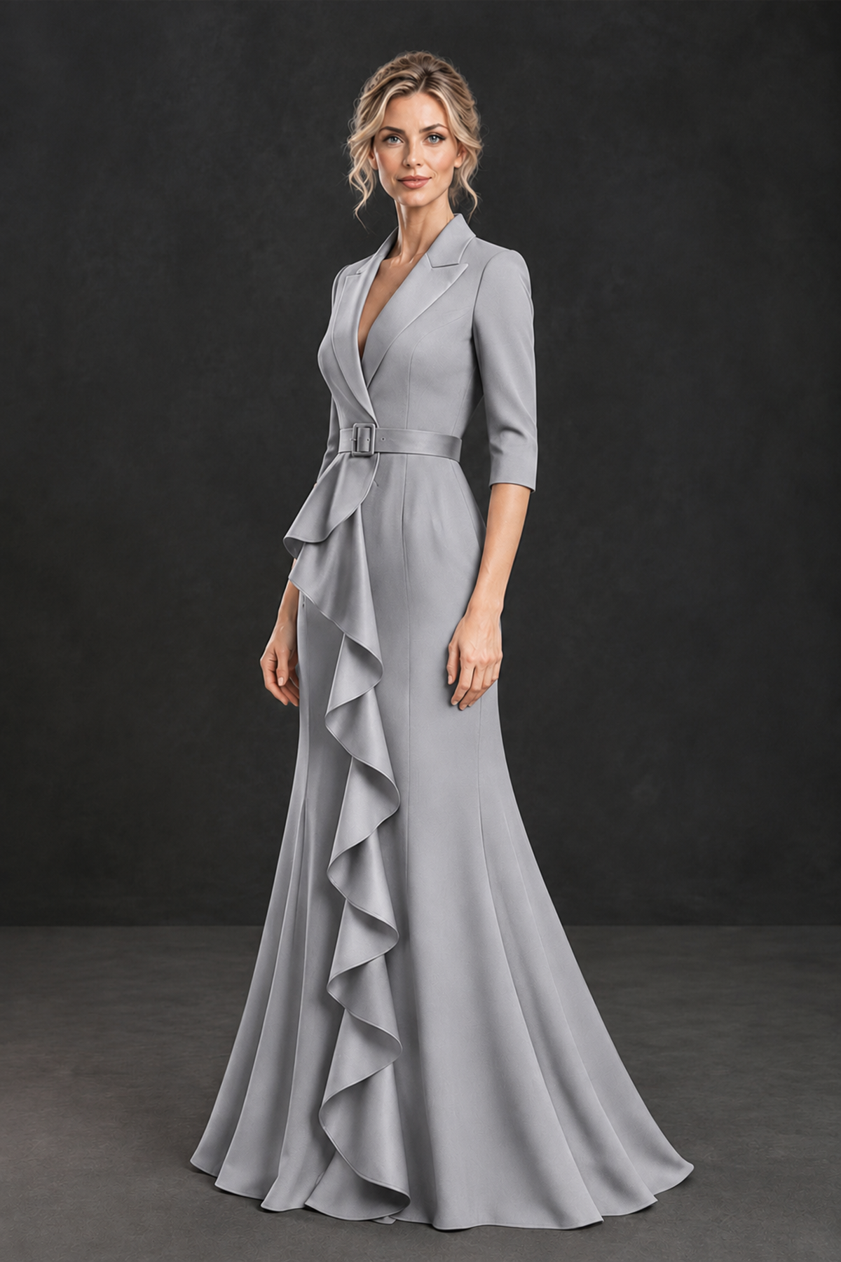 BOLODOO Silver Lapel Ruffle Mother of the Bride Dress with Belt - Silver - Silver_3