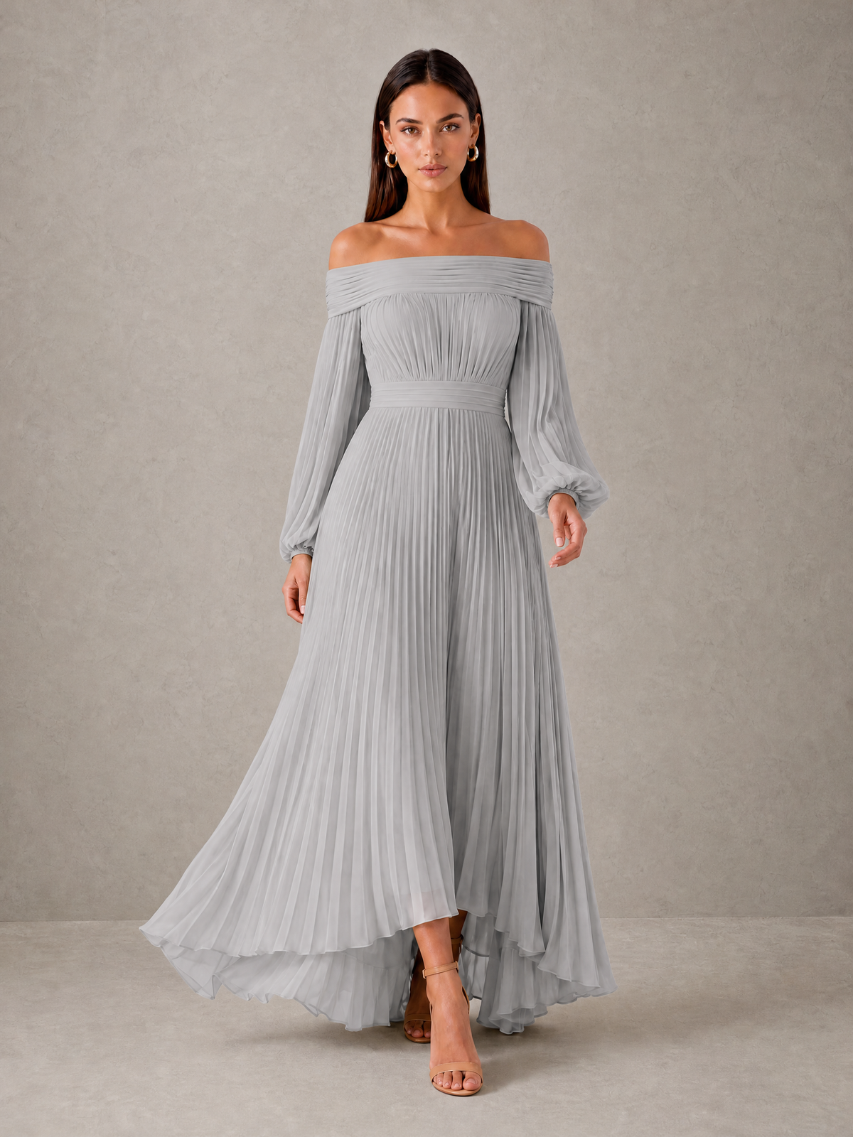BOLODOO Silver Off-Shoulder Long Sleeve Pleated High-Low Dress - Silver - Silver_3