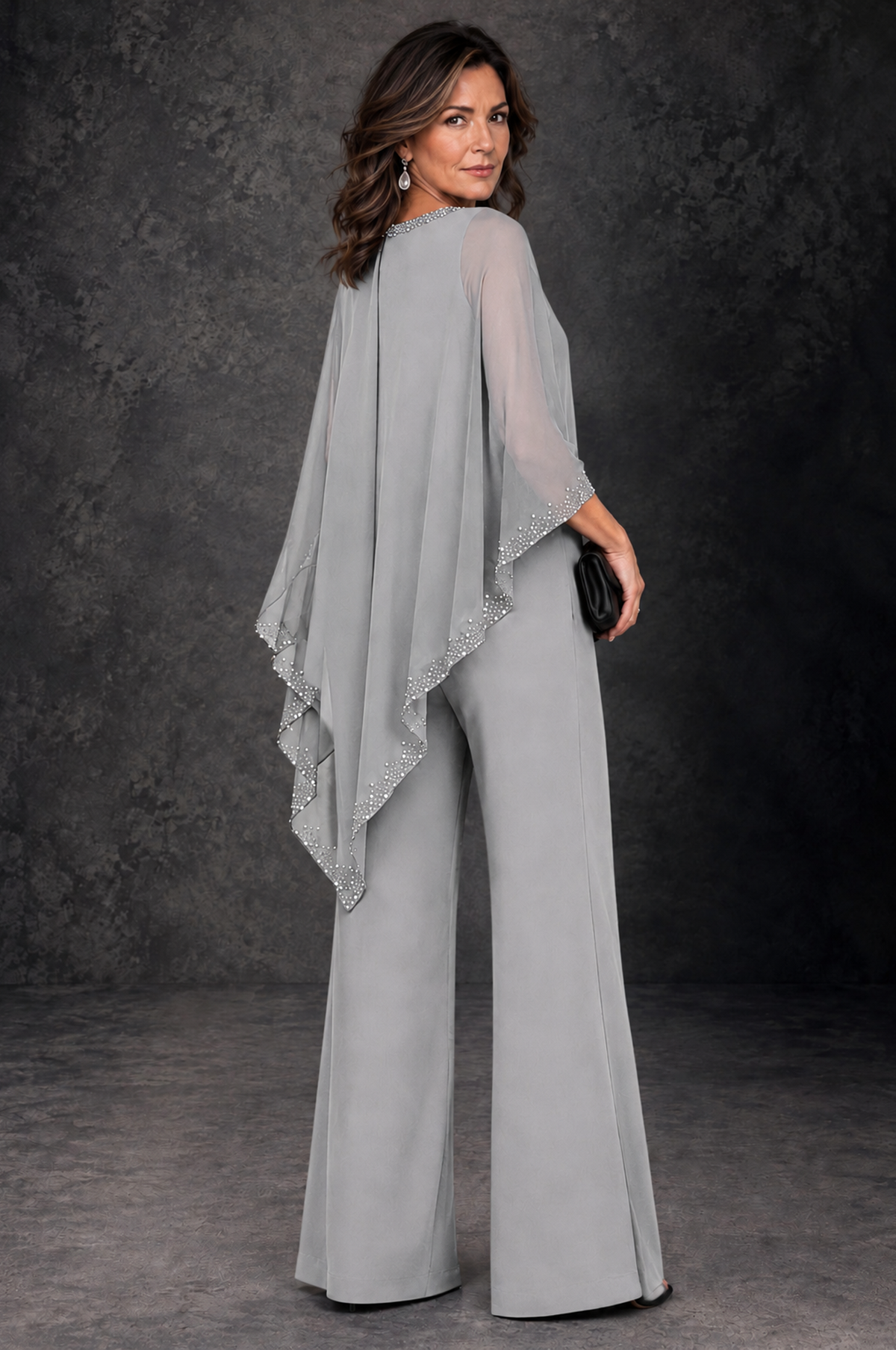 BOLODOO Silver Embellished Cape Mother of the Bride Pantsuit - Silver - Silver_3