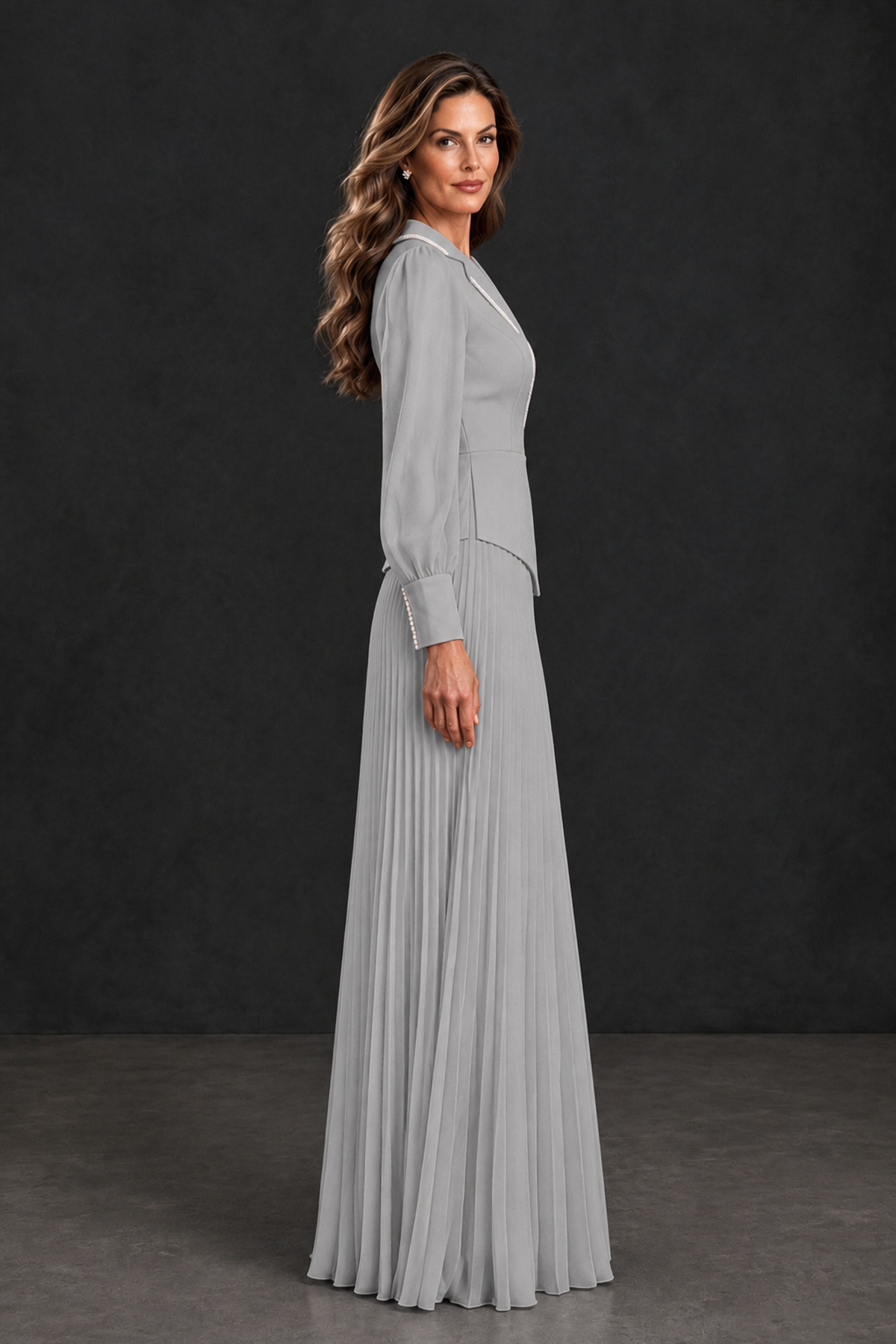 BOLODOO Silver Long Sleeve Pleated Mother of the Bride Dress - Silver - Silver_3