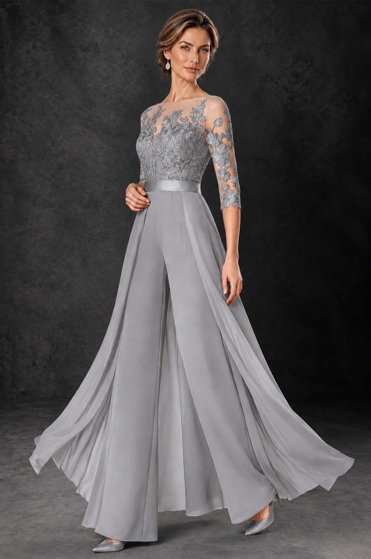 BOLODOO Silver Lace Wide-Leg Jumpsuit with Three-Quarter Sleeves - Silver - Silver_3
