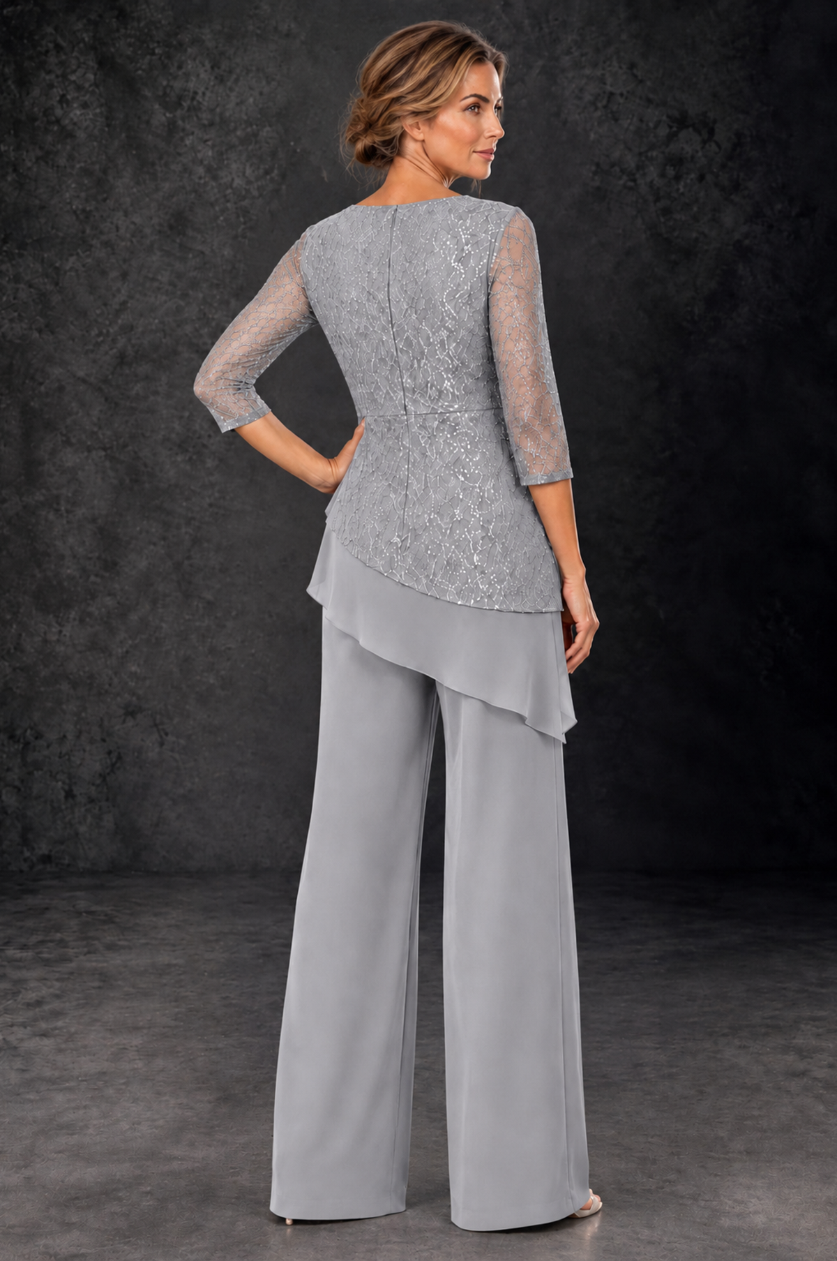 BOLODOO Silver Sequin Lace 3/4 Sleeve Chiffon Mother of the Bride Pant Suit - Silver - Silver_3