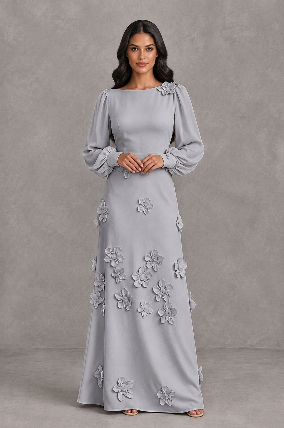BOLODOO Silver Long Sleeve Floral Applique A-Line Evening Dress - Silver - Silver_3