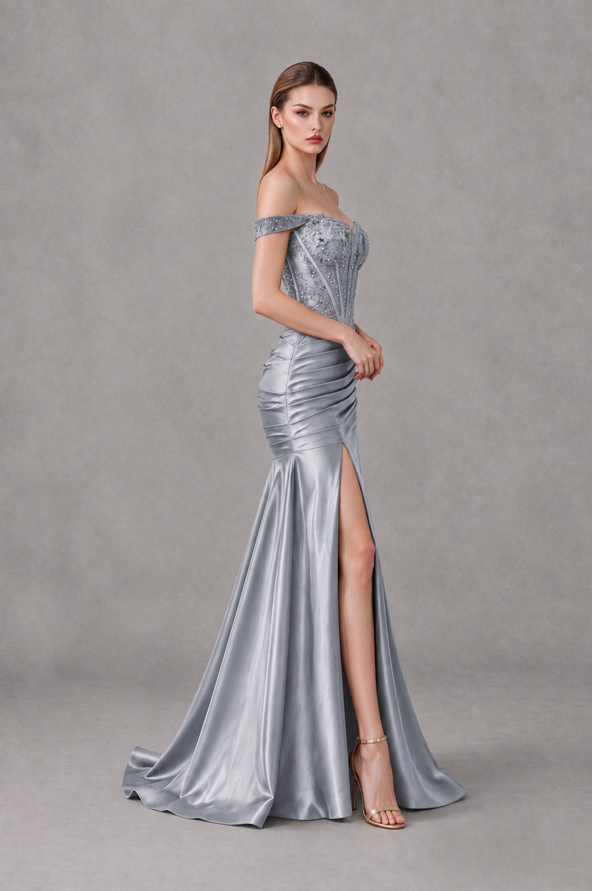 BOLODOO Silver Off-Shoulder Corset Mermaid Prom Dress with Slit Sequin Lace Evening Gown - Silver - Silver_3