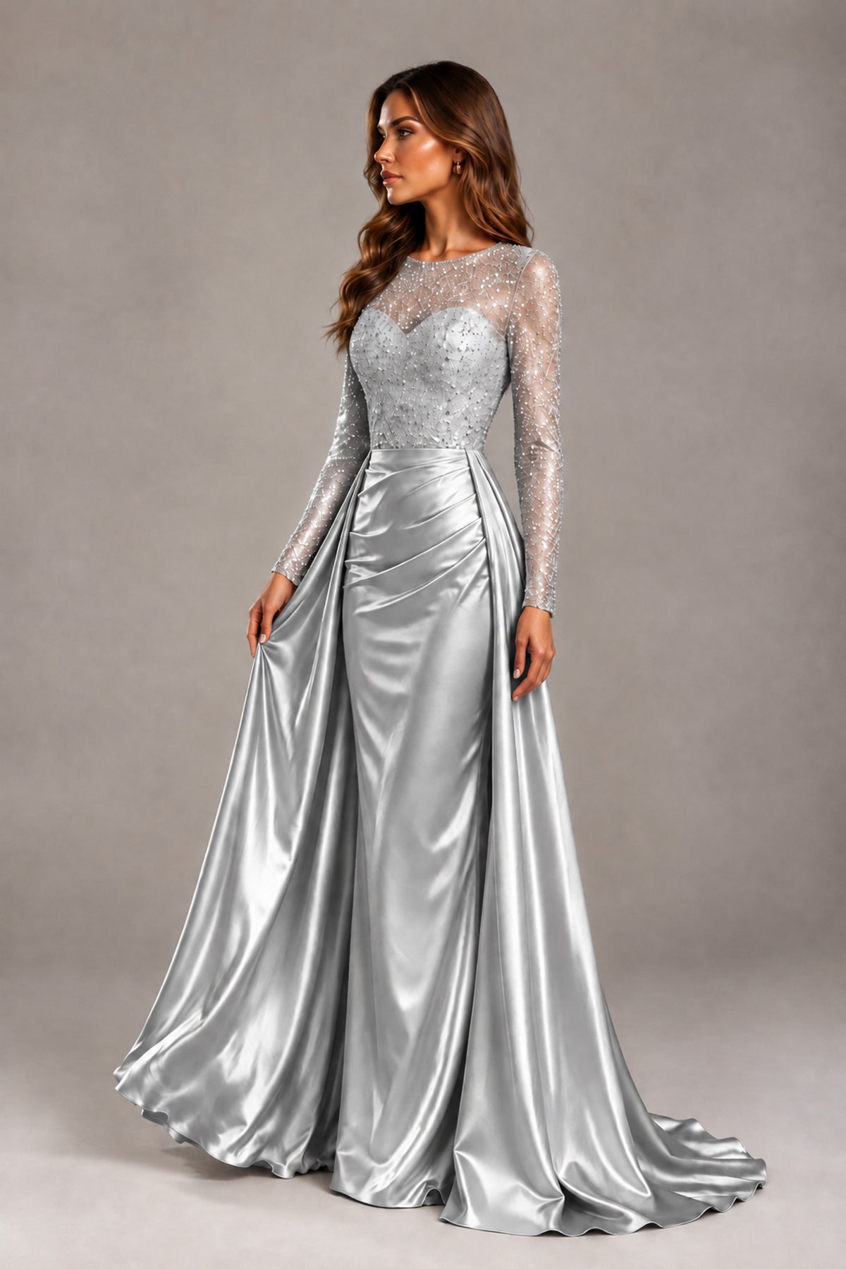 BOLODOO Silver Long Sleeve Embellished Satin Evening Gown with Sweep Train - Silver - Silver_3