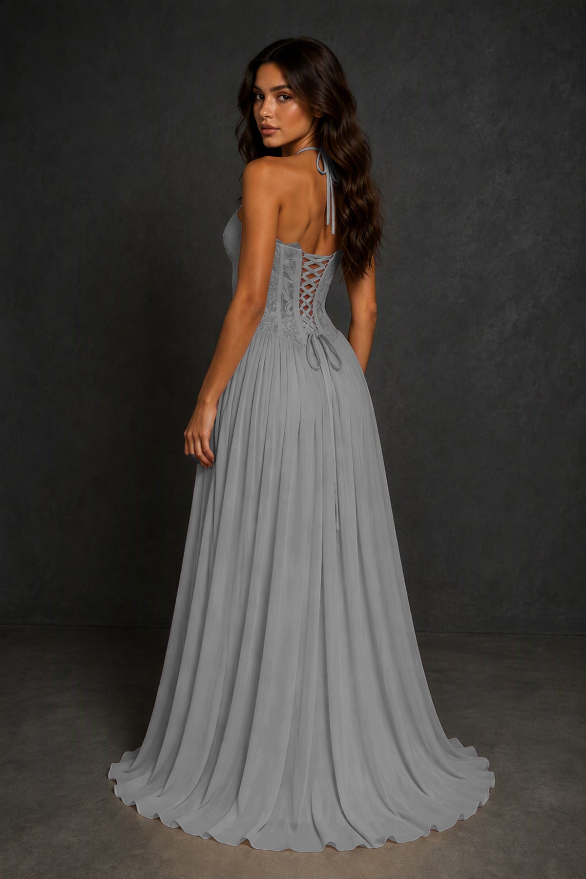 BOLODOO Silver Lace Corset Halter Maxi Gown – Backless A-Line Formal Dress - Silver