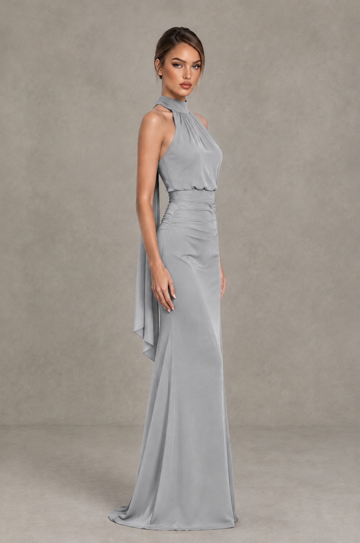 BOLODOO Silver Chiffon Halter Maxi Formal Wedding Guest Dress - Silver - Silver_3