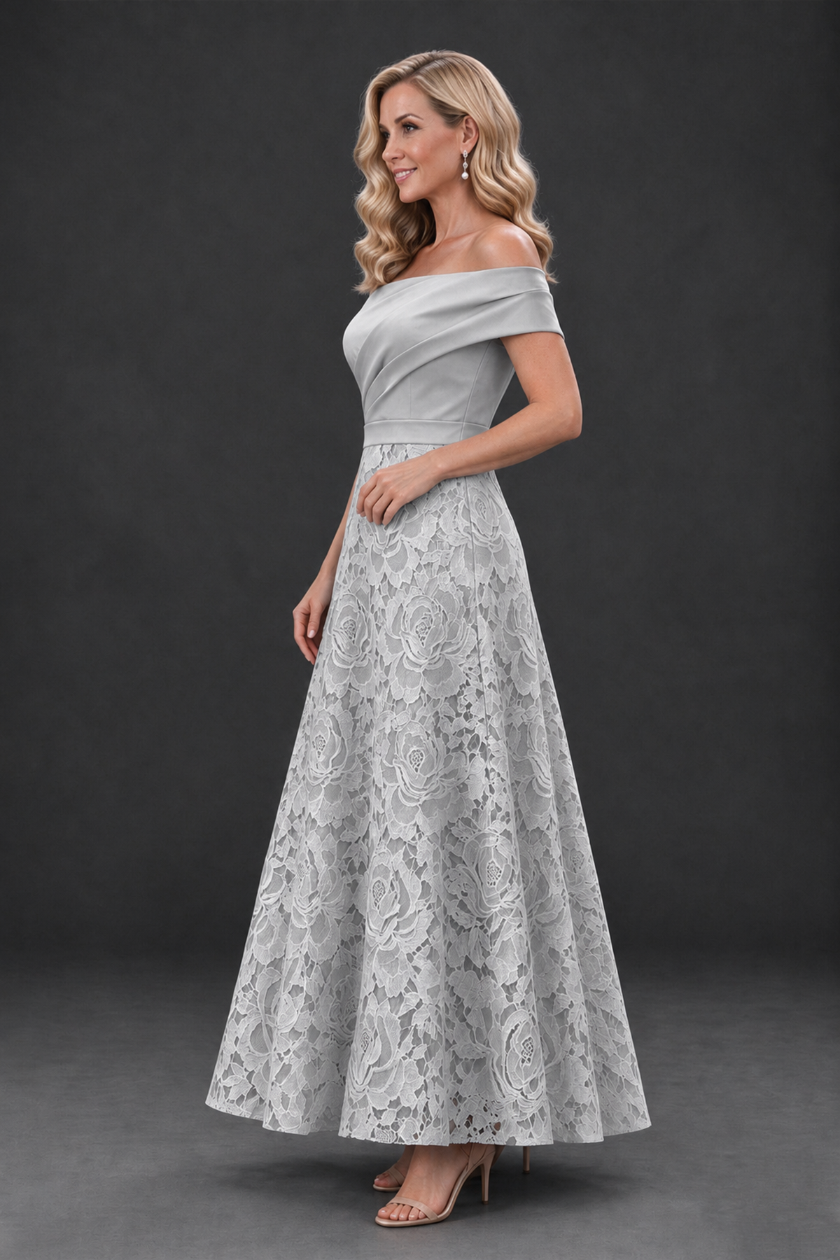BOLODOO Silver Off-the-Shoulder Floral A-Line Mother of the Bride Dress - Silver - Silver_3