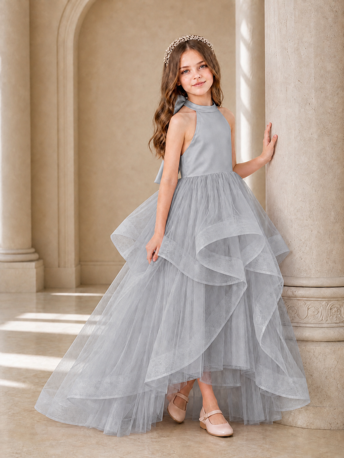 BOLODOO Silver Halter Tiered Tulle Flower Girl Dress with Bow Back - Silver - Silver_3