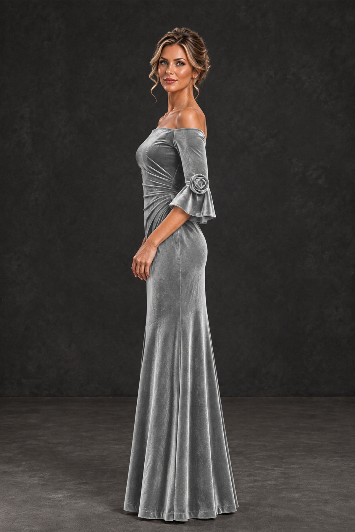 BOLODOO Silver Velvet Off-Shoulder Mother of the Bride Dress – 3/4 Floral Cuff Sleeve Mermaid Evening Gown - Silver - Silver_3