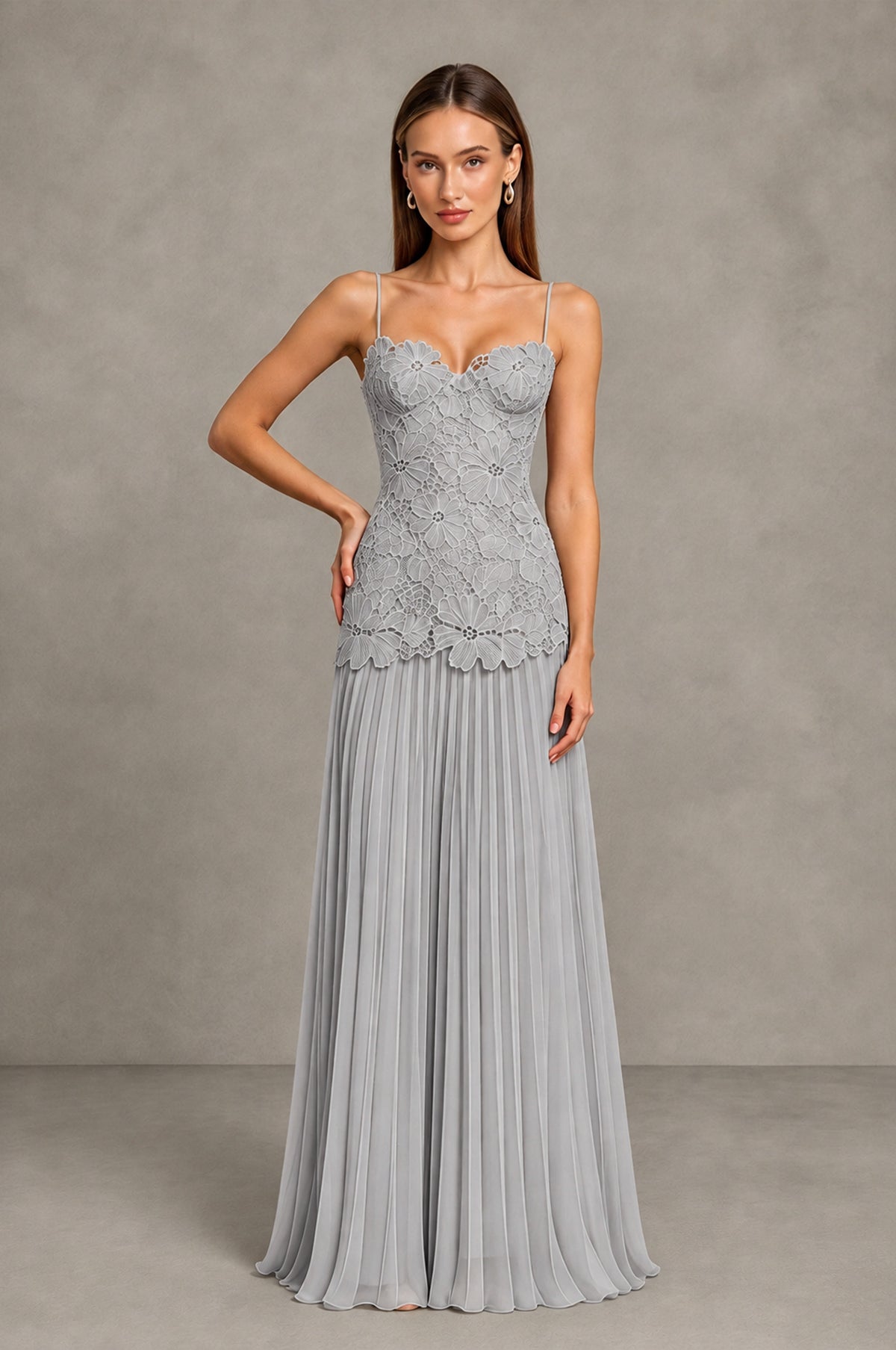 BOLODOO Silver Lace Bodice Pleated Wedding Guest Dress - Silver - Silver_3