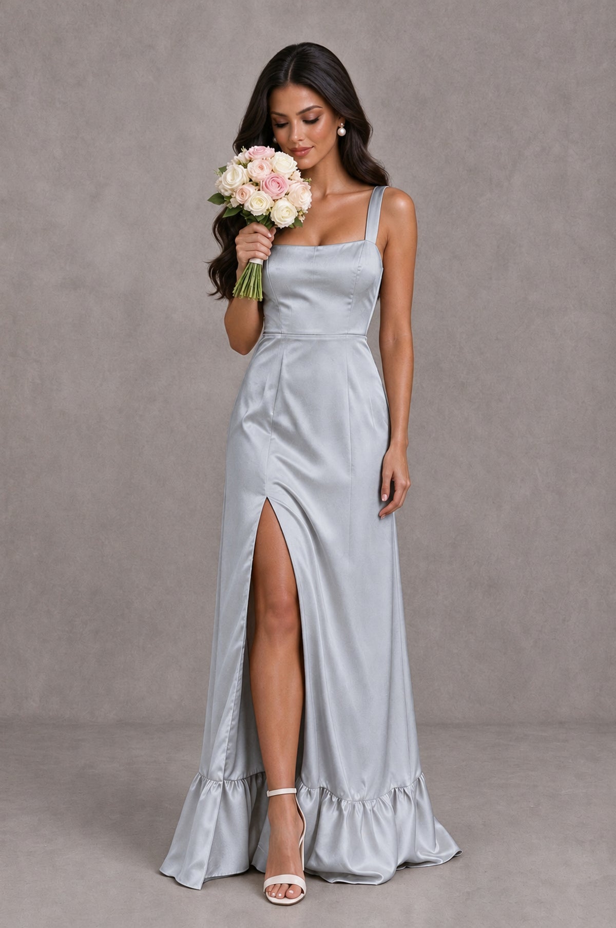 BOLODOO Silver Square Neck Satin Evening Dress with Lace-Up Back and High Slit - Silver - Silver_3