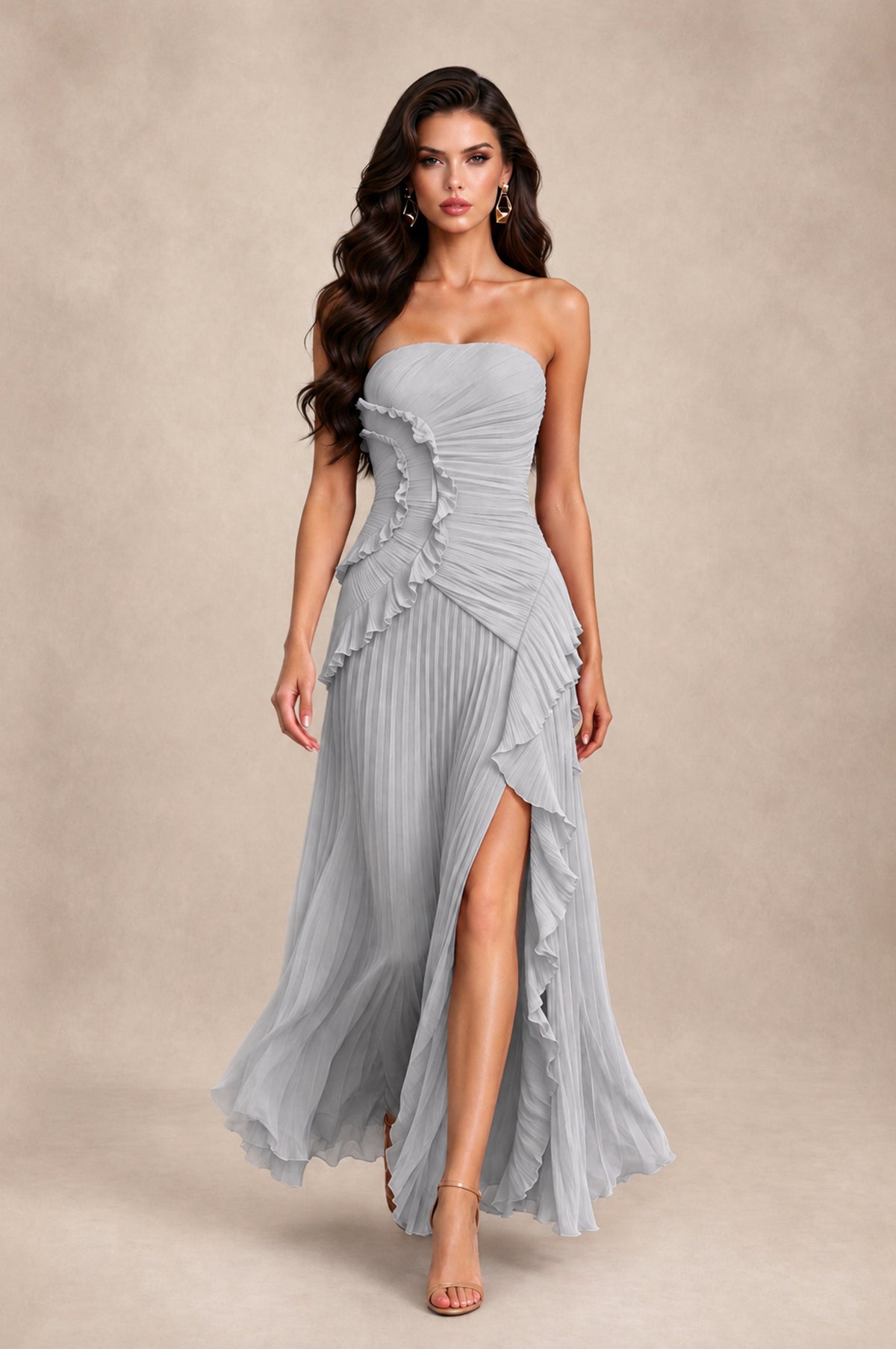 BOLODOO Silver Strapless Ruffle Pleated Slit Evening Gown - Silver - Silver_3