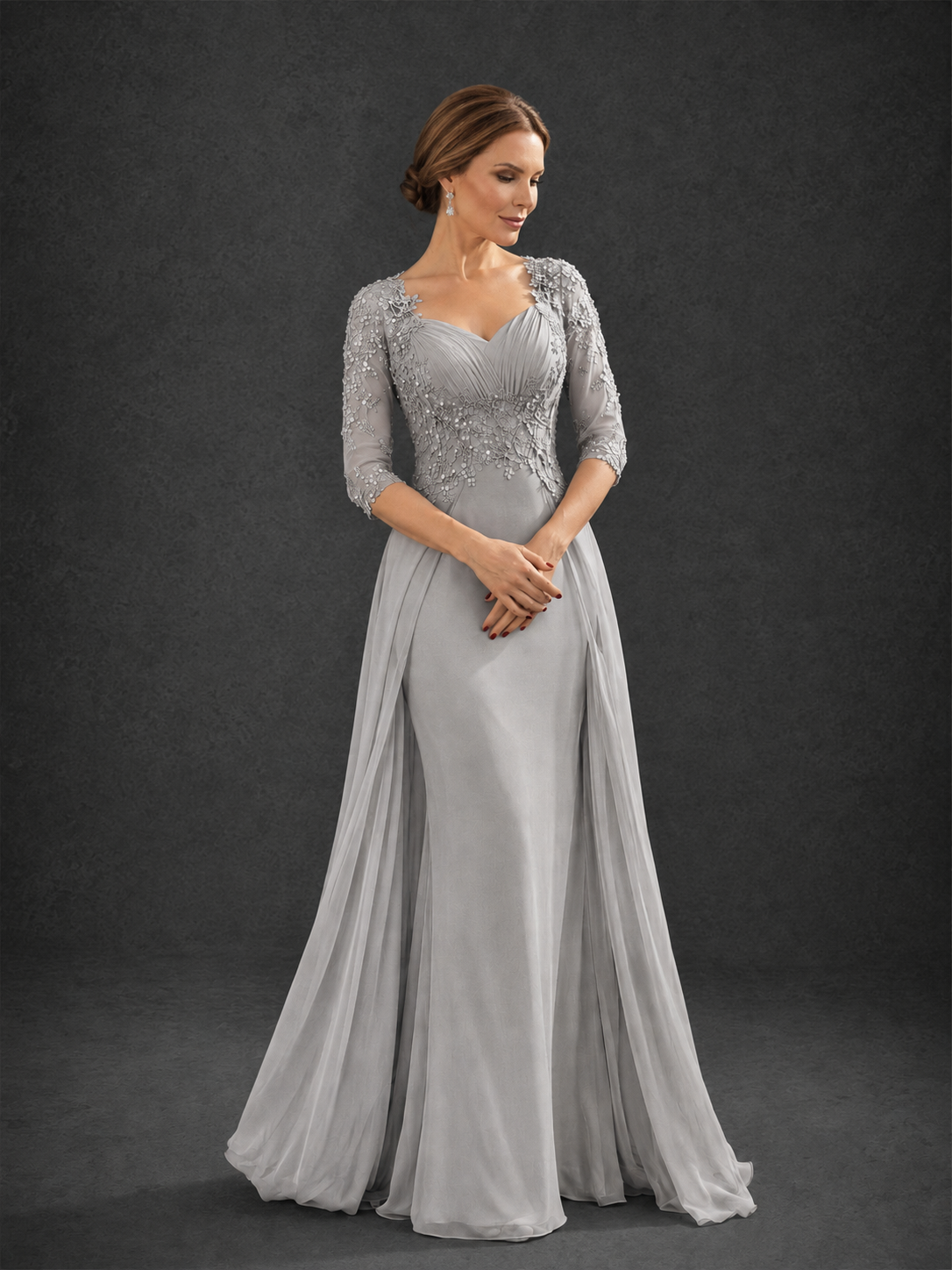 BOLODOO Silver Sweetheart Neck 3/4 Sleeve Floral Lace Illusion Bodice Chiffon A-Line Gown - Silver