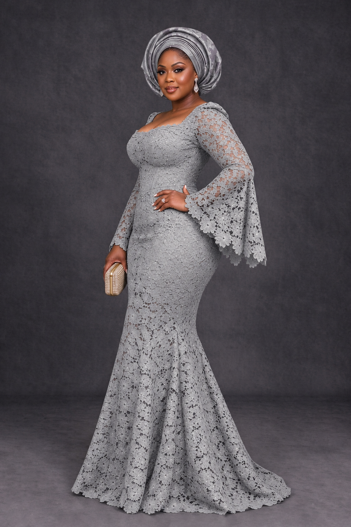 BOLODOO Silver African Lace Mermaid Dress, Plus Size Nigerian Wedding Guest Gown with Bell Sleeves - Silver - Silver_3