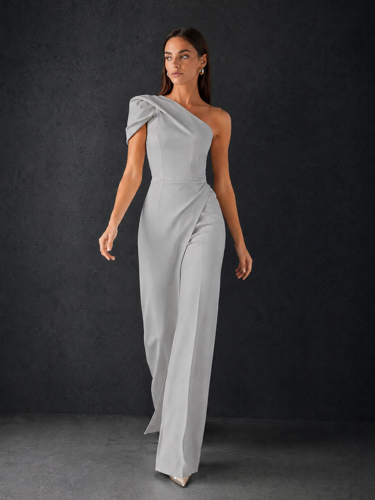 BOLODOO Silver One-Shoulder Puff Sleeve Wide-Leg Jumpsuit with Front Slit and Open Back - Silver