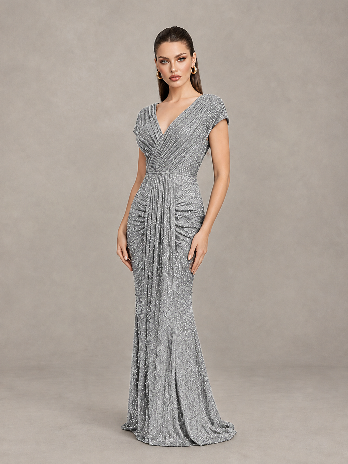 BOLODOO Silver Glitter V-Neck Cap Sleeve Ruched Mermaid Evening Gown - Silver - Silver_3