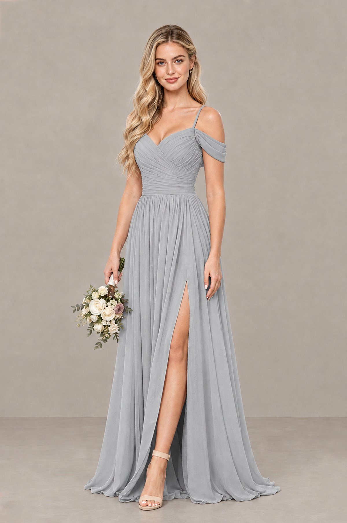 BOLODOO Silver Off-Shoulder Bridesmaid Dress with Slit - Silver