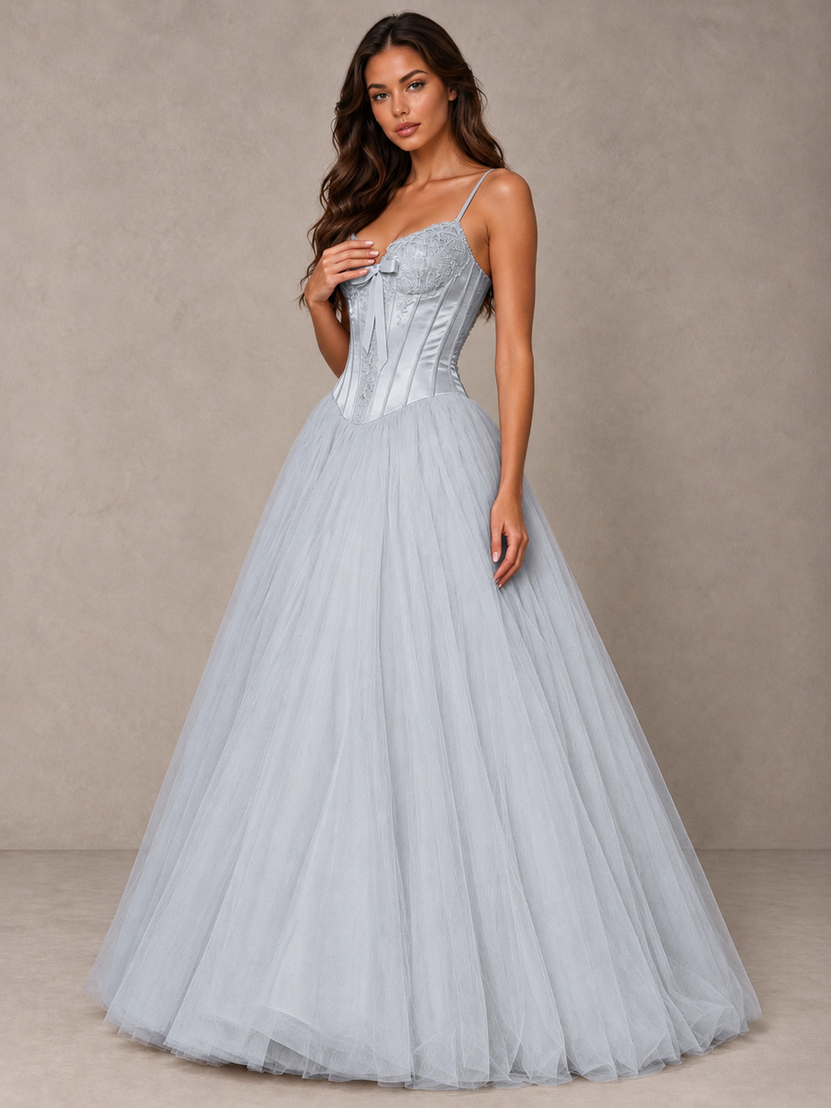 BOLODOO Silver Corset Tulle Prom Dress with Spaghetti Straps - Silver - Silver_3