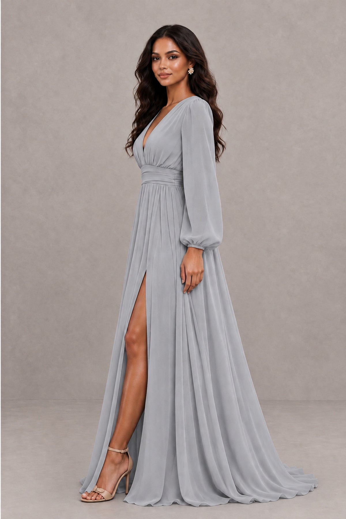 BOLODOO Silver Long Sleeve V-Neck A-Line Gown with Open Back & Slit - Silver - Silver_3