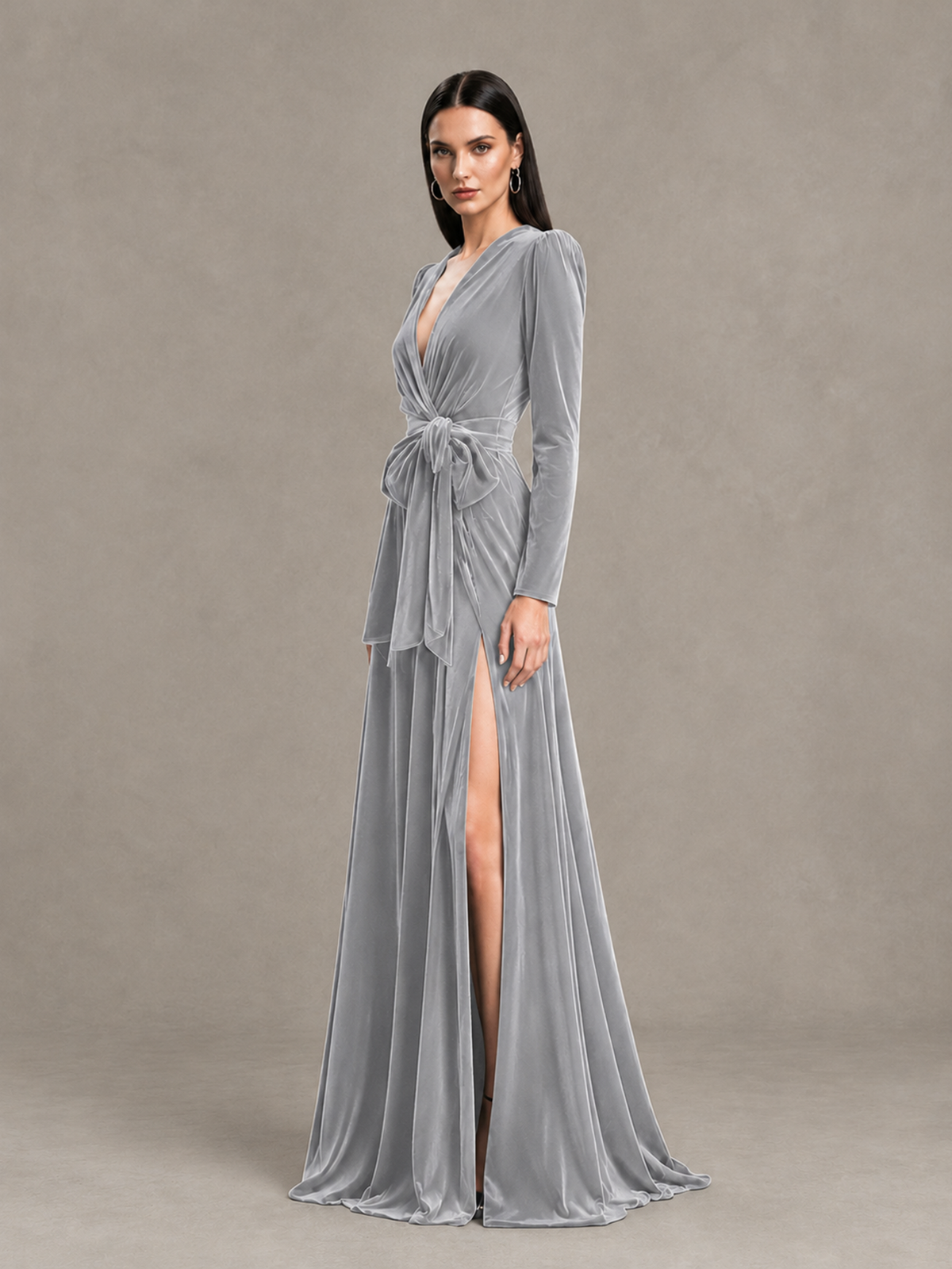 BOLODOO Silver Long Sleeve Velvet-Look Evening Dress with High Slit - Silver - Silver_3