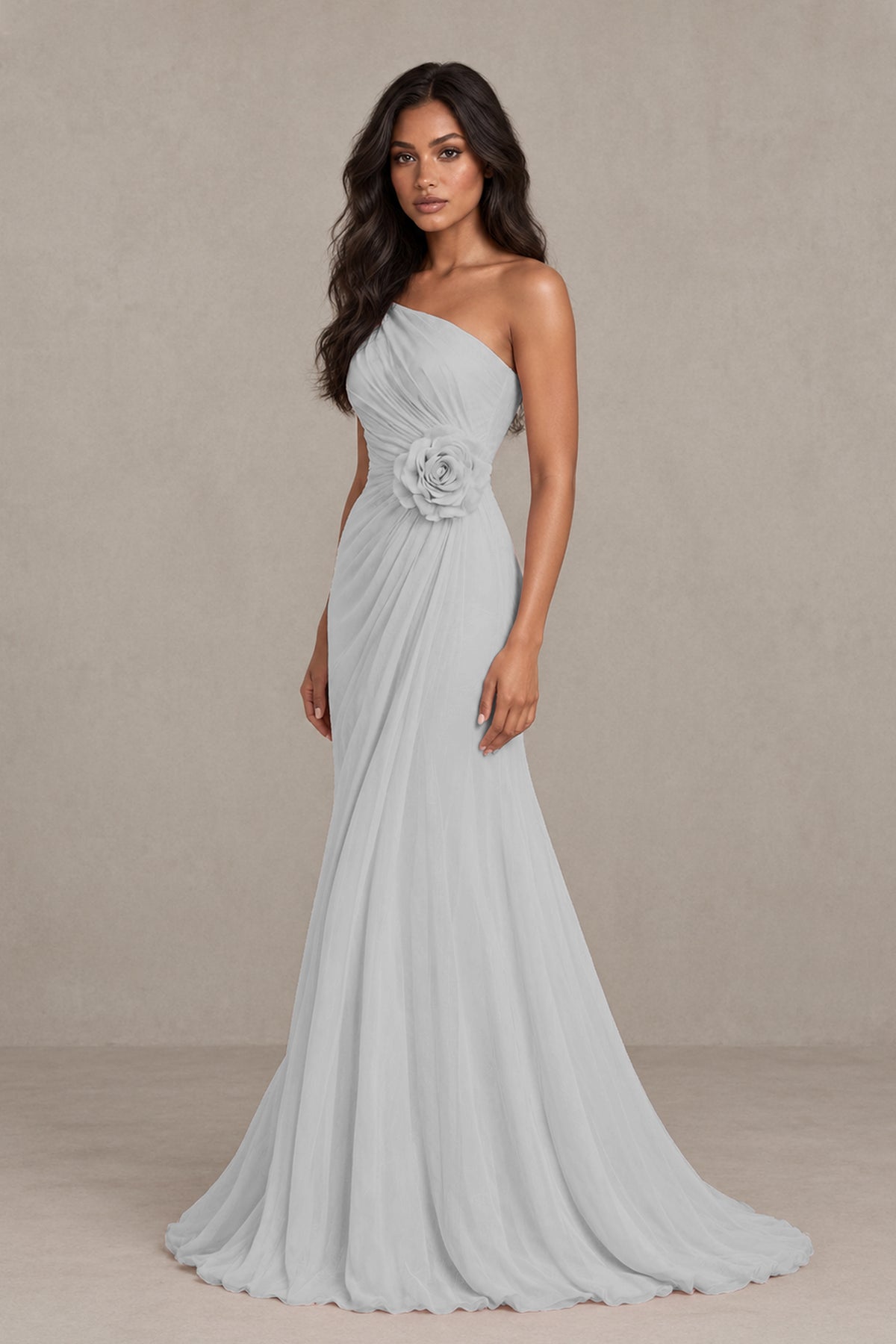 BOLODOO Silver One-Shoulder Floral Ruched Maxi Dress - Silver