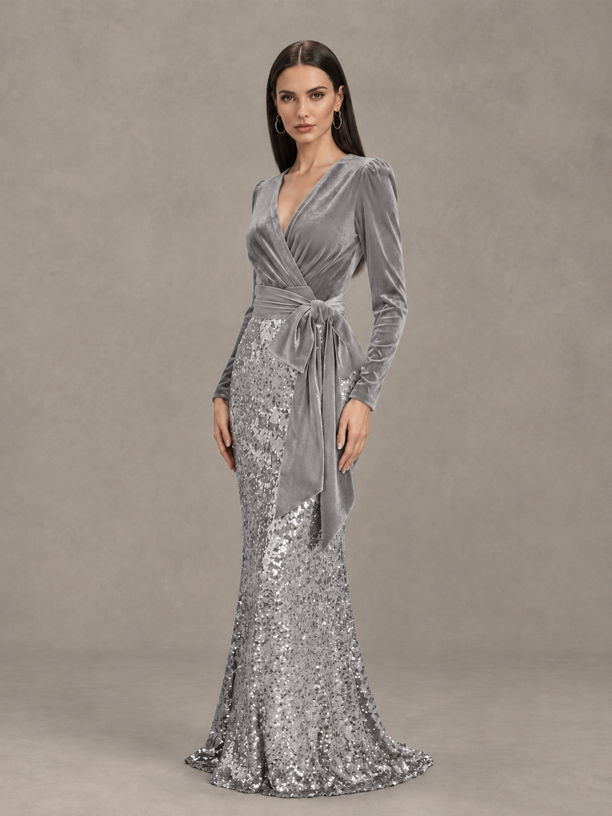 BOLODOO Silver Velvet & Sequin Long Sleeve V-Neck Mermaid Evening Gown - Silver - Silver_3