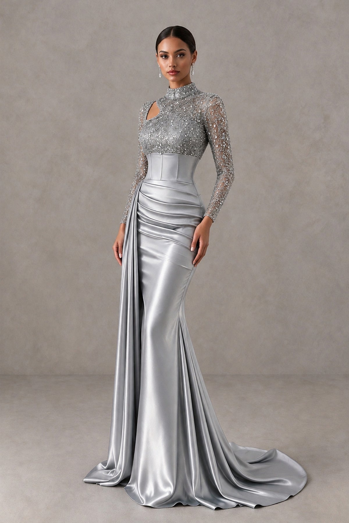 BOLODOO Silver Long Sleeve Embellished Satin Mermaid Evening Gown - Silver - Silver_3