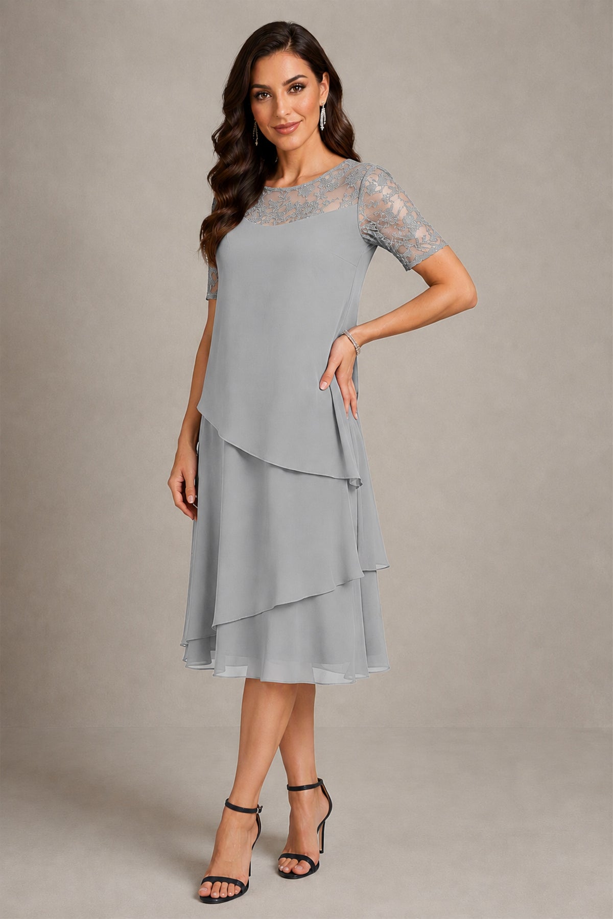 BOLODOO Silver Illusion Lace Short Sleeve Tiered Chiffon Tea Length Dress | Mother of the Bride Midi Dress - Silver