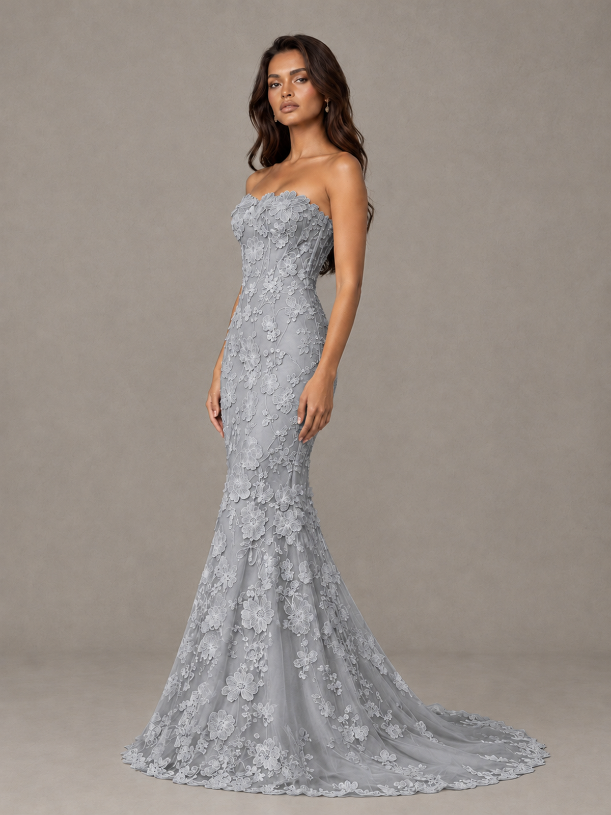 BOLODOO Silver Strapless 3D Floral Lace Mermaid Prom Dress with Train - Silver - Silver_3