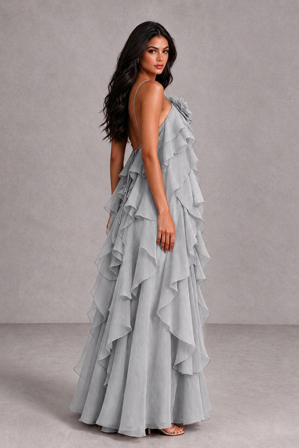 BOLODOO Silver Cascading Ruffle Rosette Open-Back Maxi Dress - Silver - Silver_3