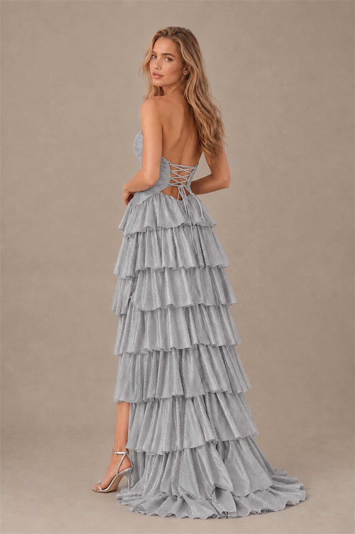 BOLODOO Silver Strapless Cutout Tiered Ruffle Prom Dress with High Slit - Silver - Silver_3